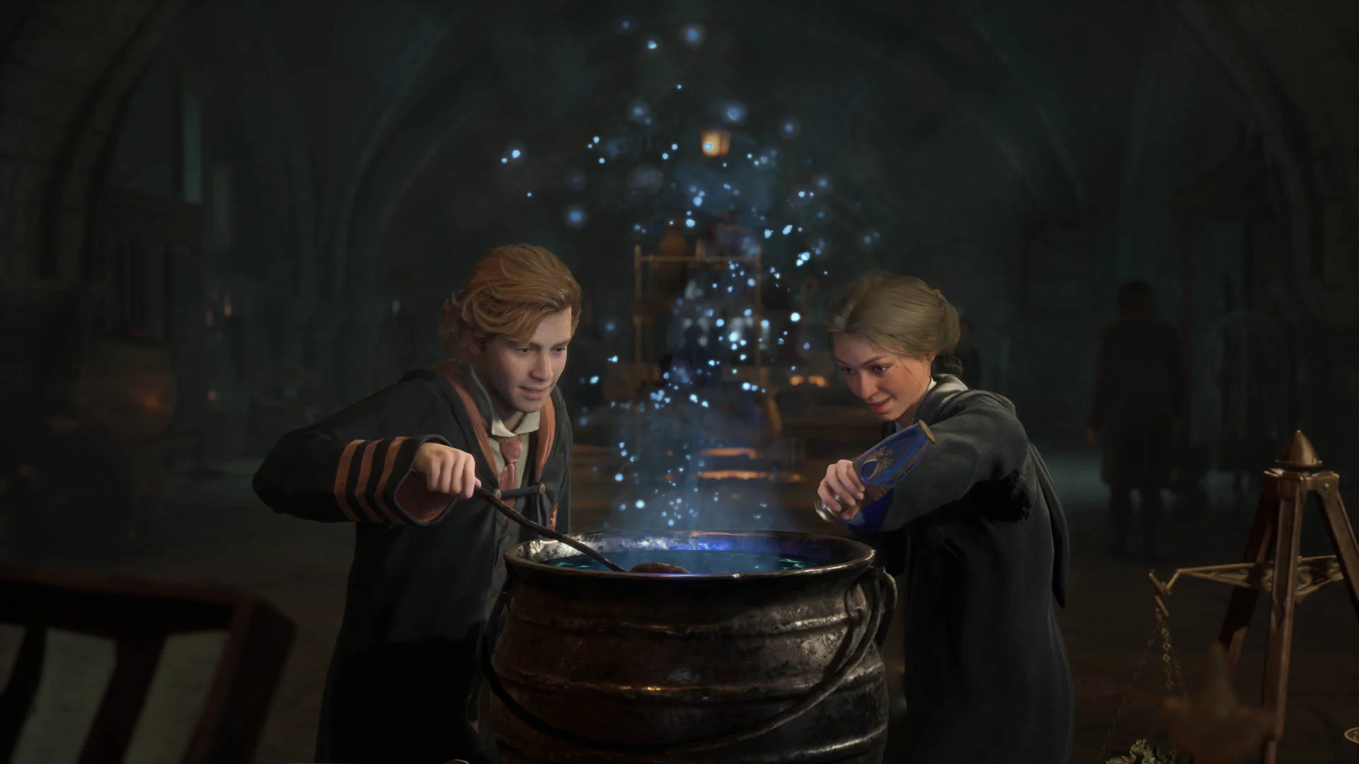 Two Hogwarts students brew a glowing potion together in an official screenshot from the original Hogwarts Legacy.