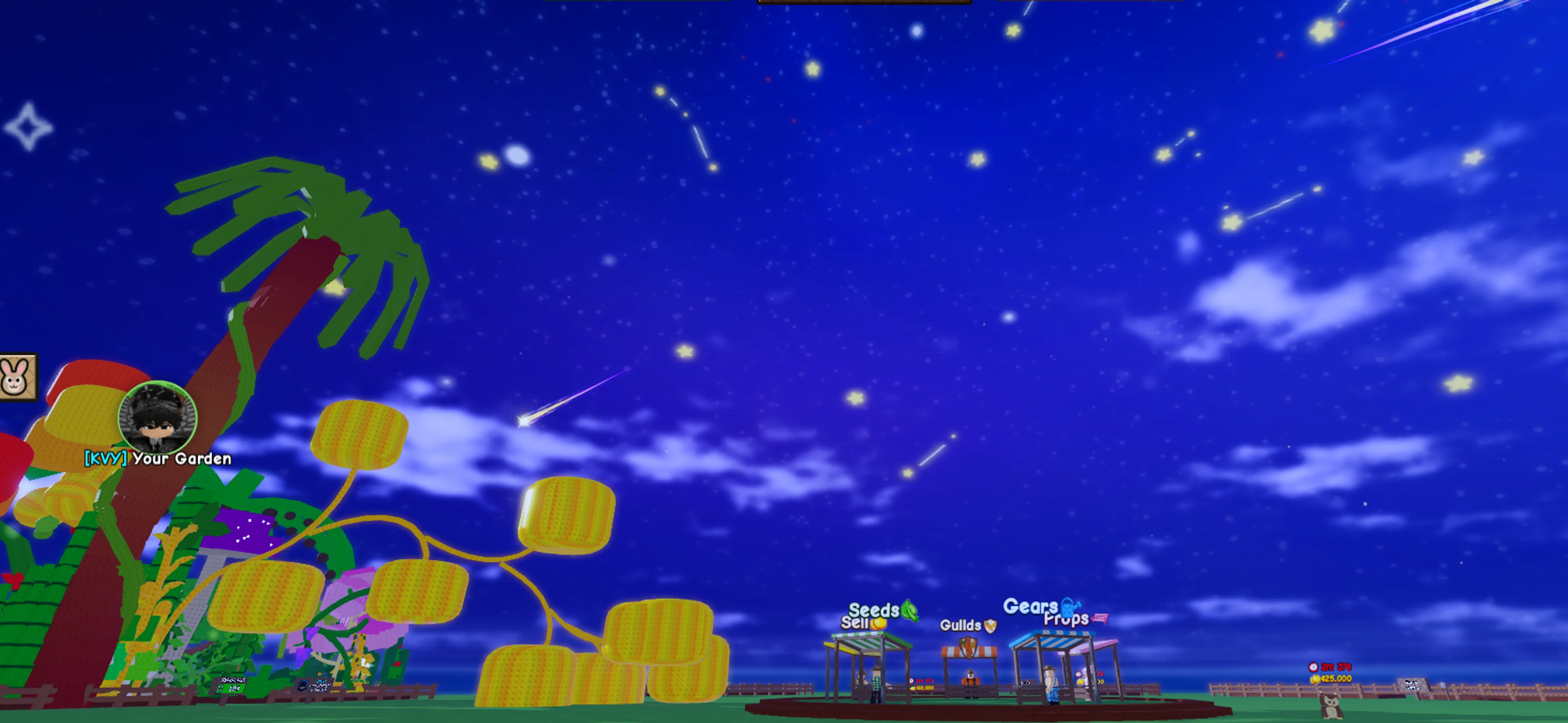 Shooting stars crossing the night sky during a Grow a Garden 2 Starfall event.