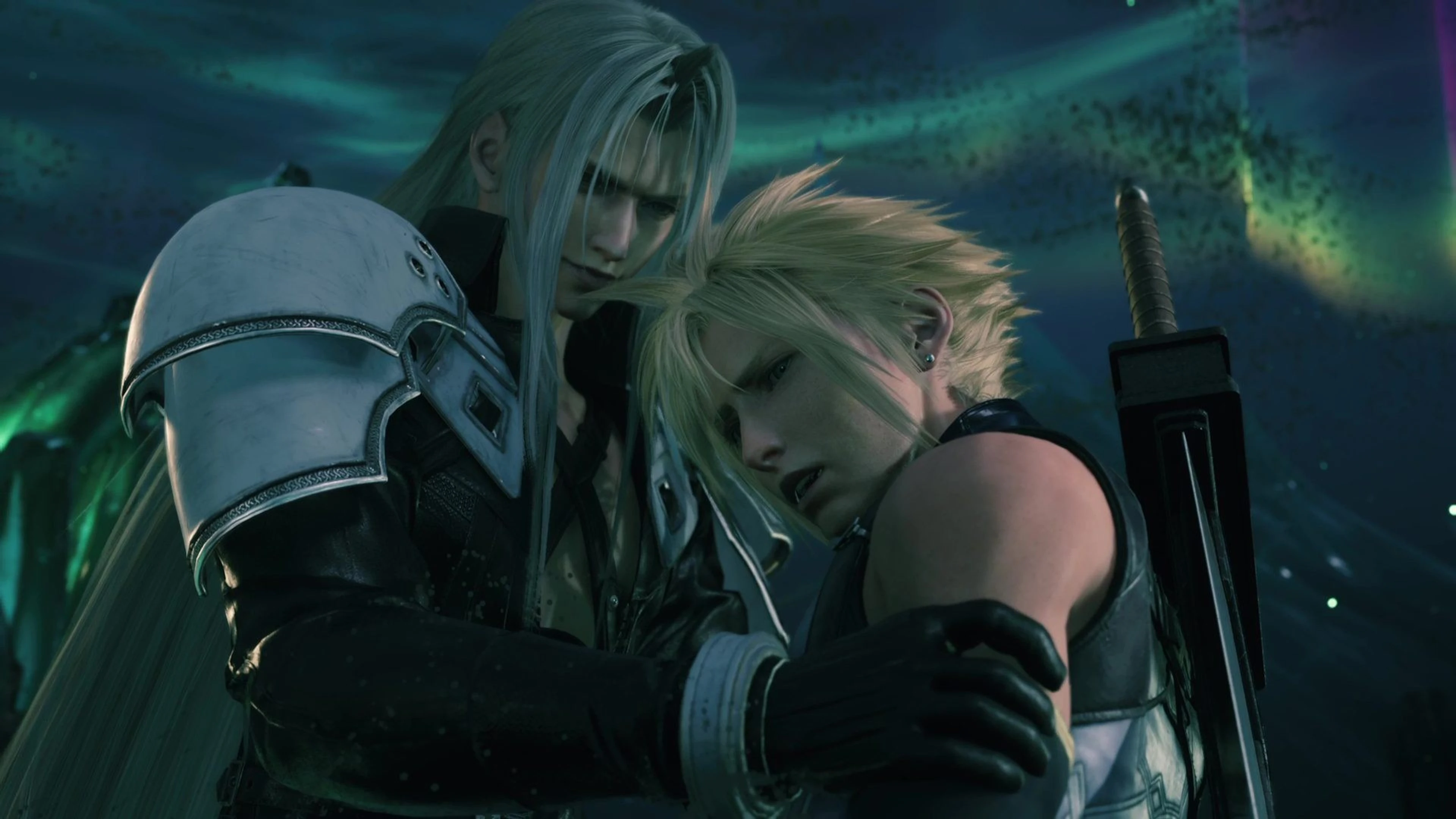Sephiroth looms behind Cloud in a scene from Final Fantasy VII Revelation.