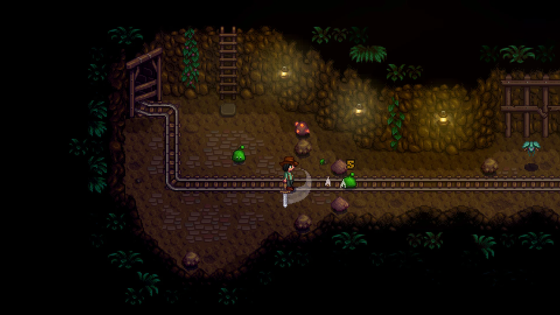 A farmer facing slimes in a dark mine in Stardew Valley.