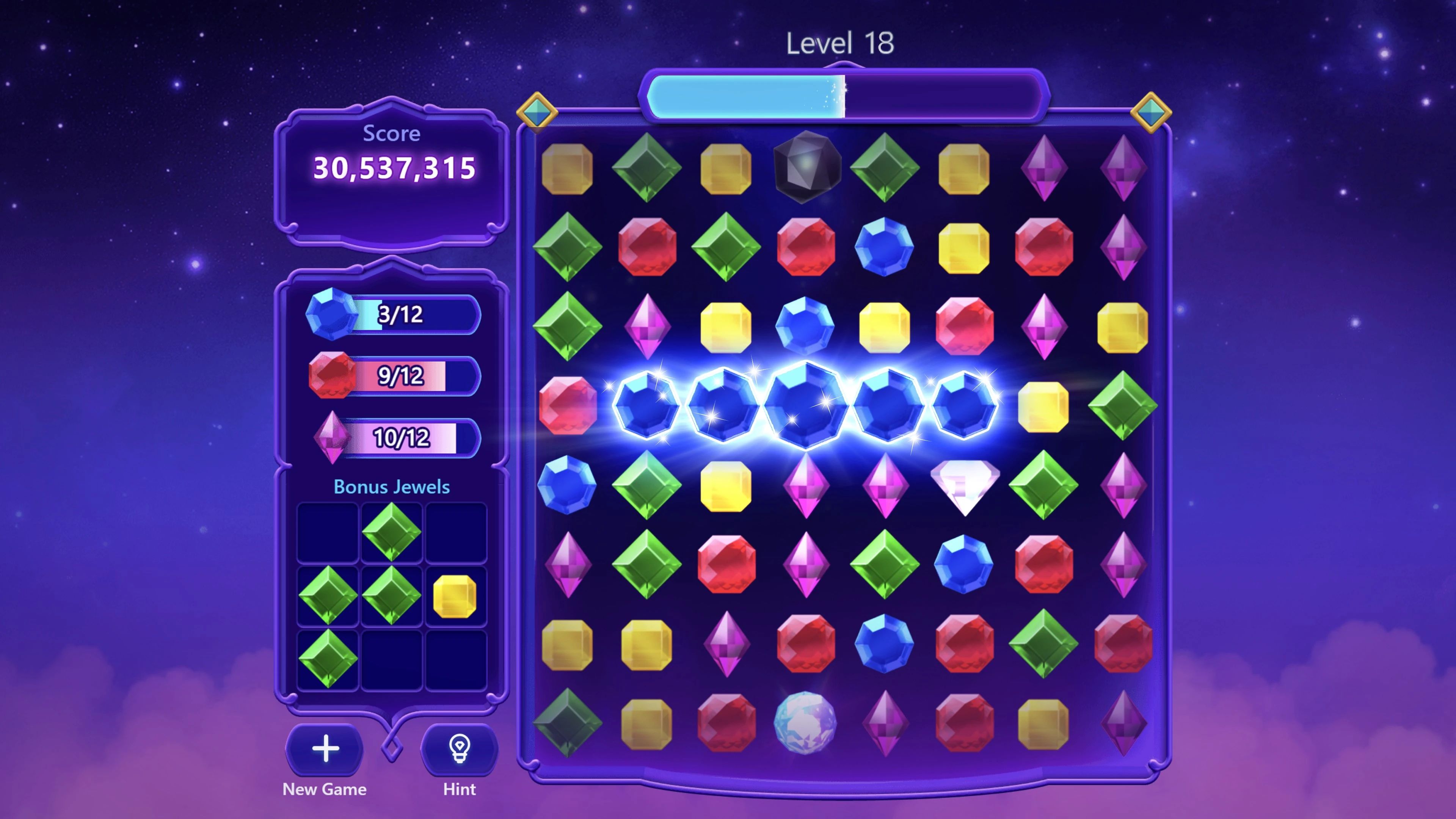 Microsoft Jewel PC board with a row of blue gems highlighted.