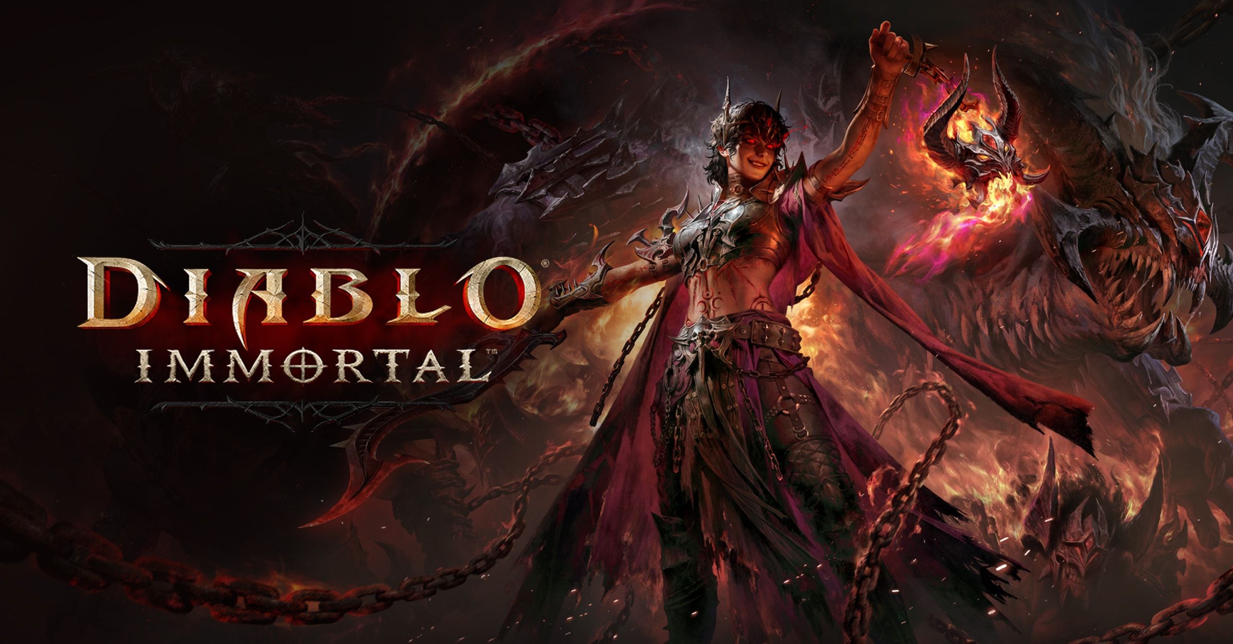 Official Diablo Immortal game art with its title logo, a Warlock and a dragon.
