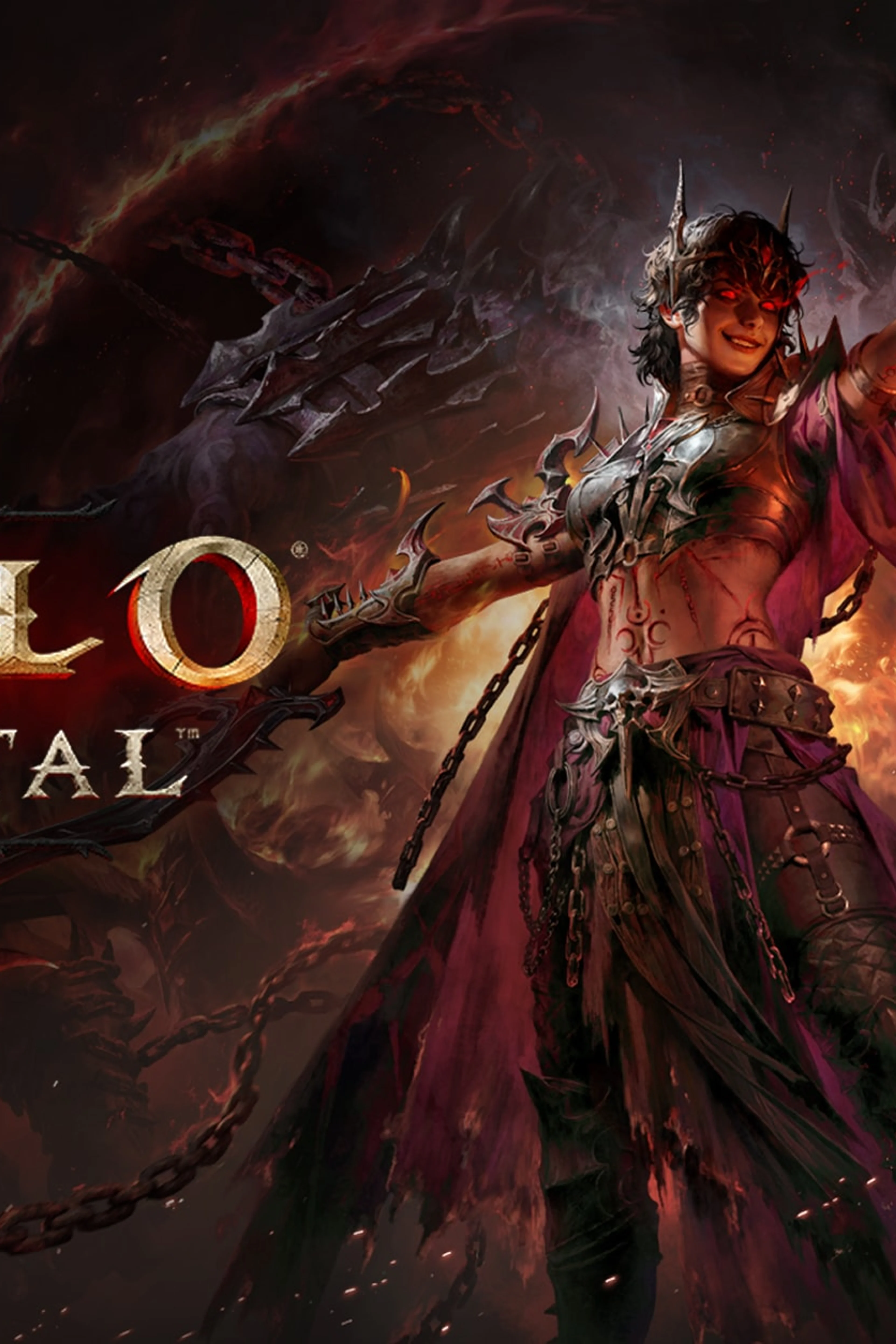 Official Diablo Immortal game art with its title logo, a Warlock and a dragon.