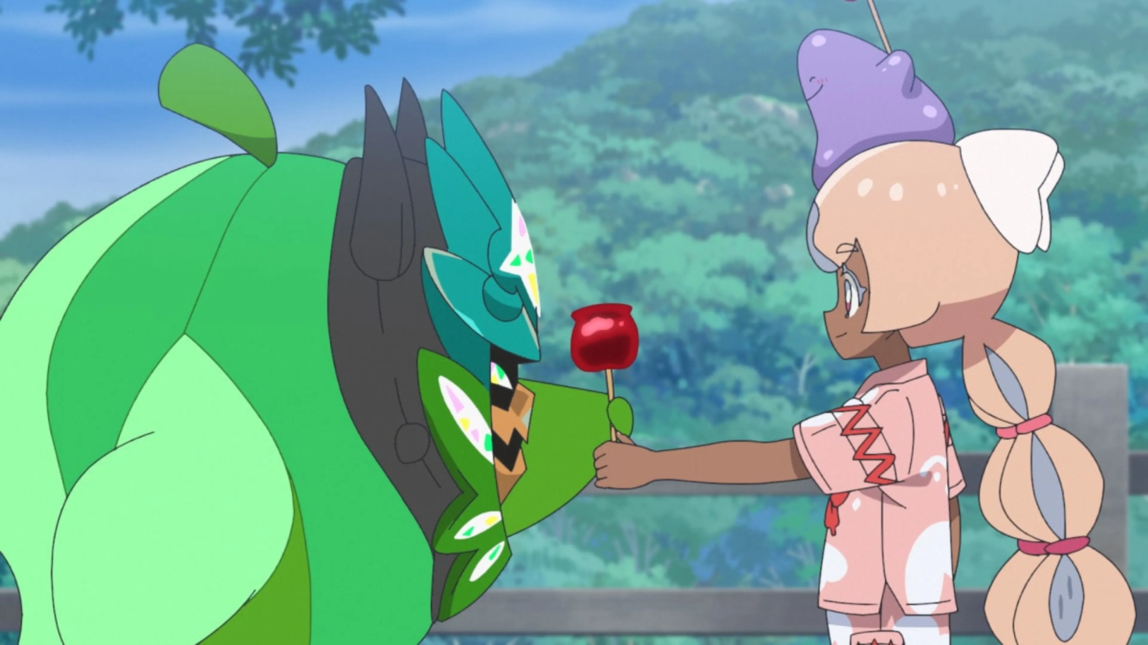 Navi offers a red festival treat to Ogerpon in a clear Pokémon anime still.