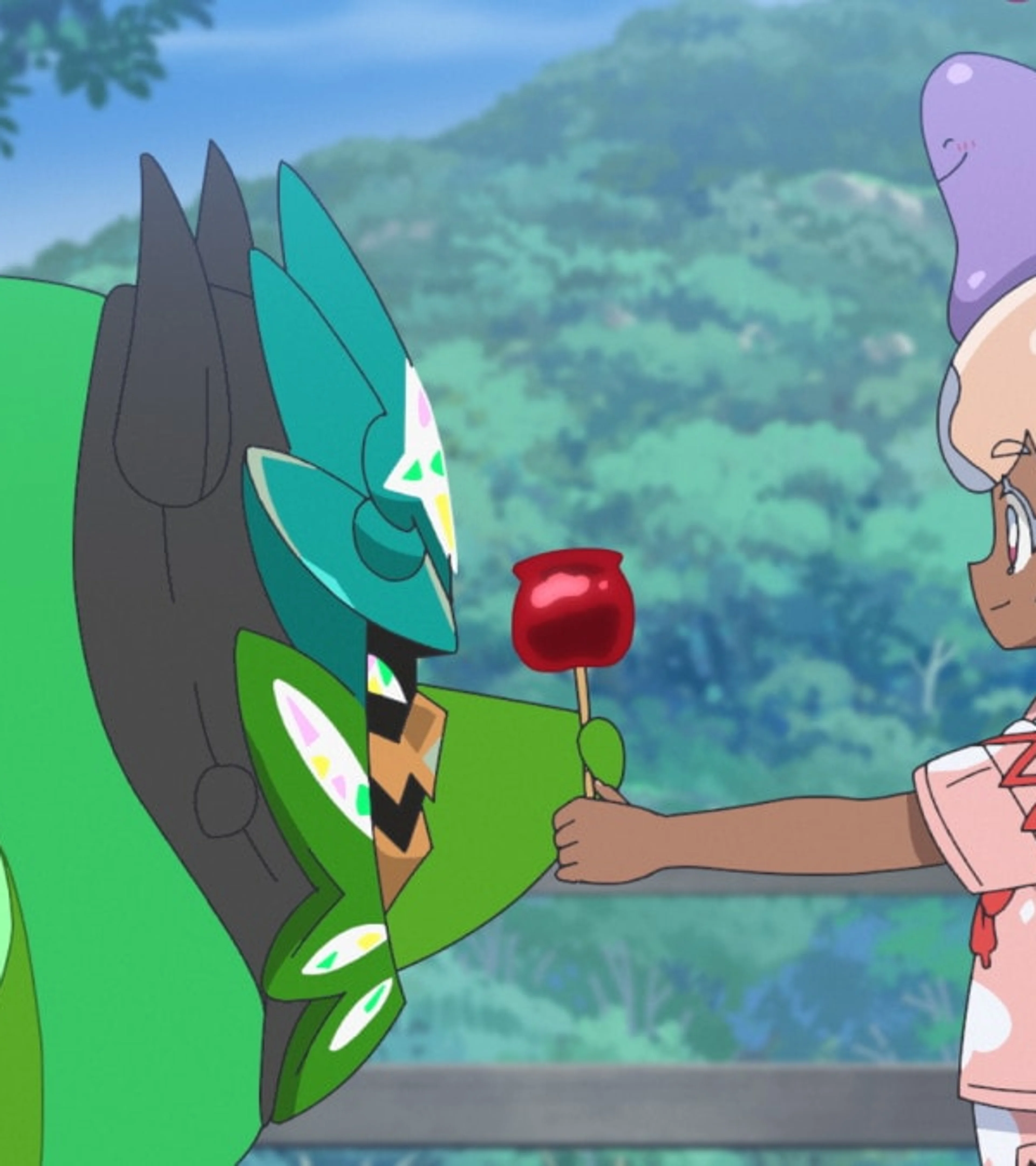 Navi offers a red festival treat to Ogerpon in a clear Pokémon anime still.