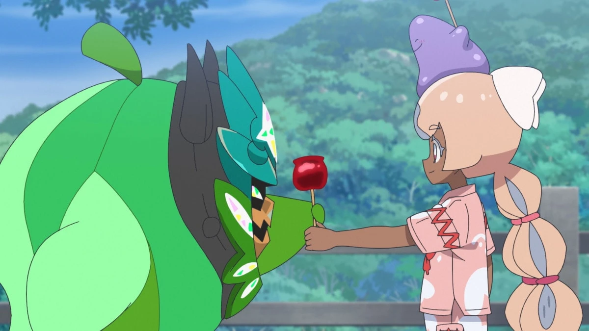 Navi offers a red festival treat to Ogerpon in a clear Pokémon anime still.