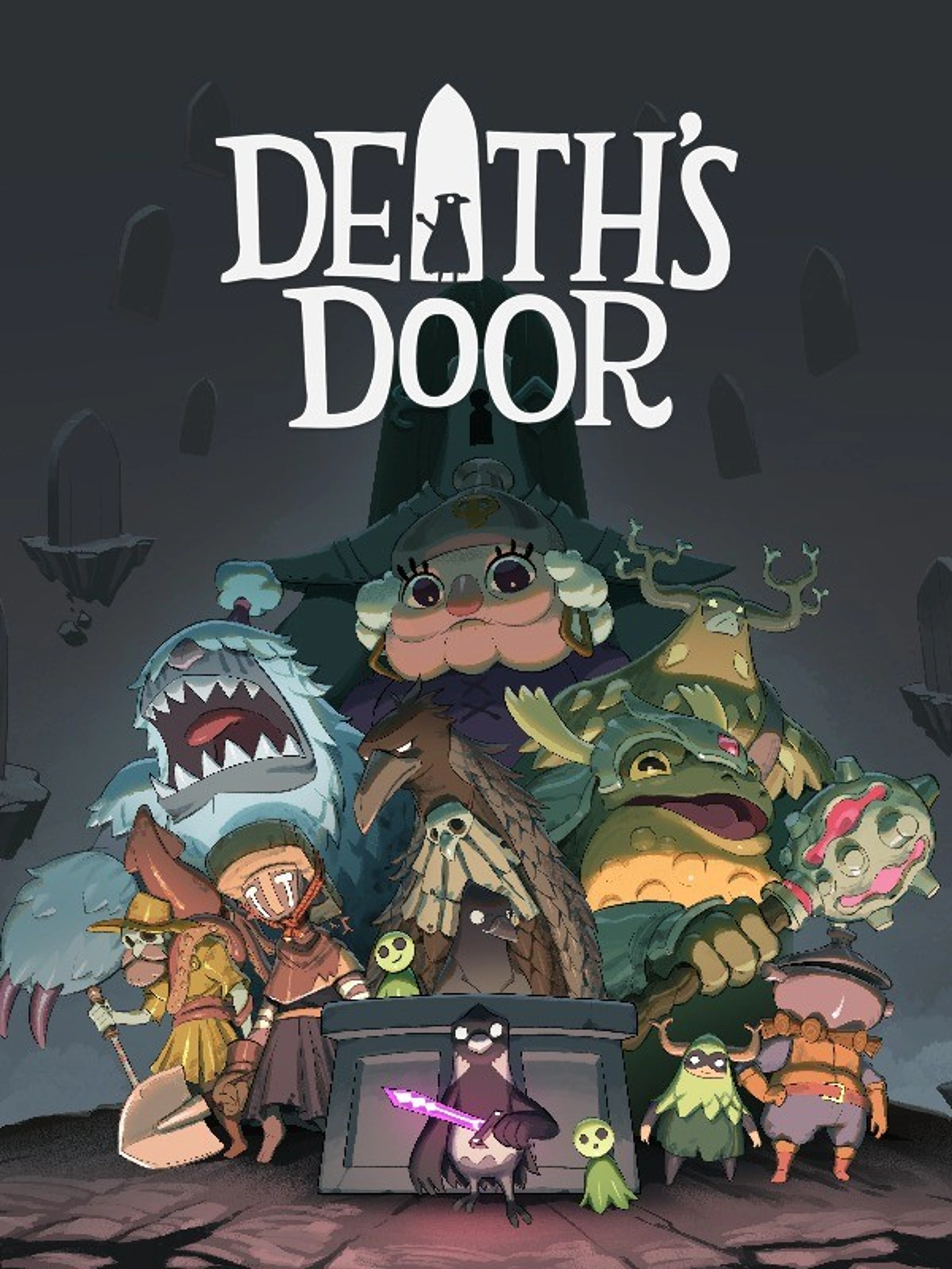 Official Death’s Door cover with the crow and fantastical creatures beneath the game title.