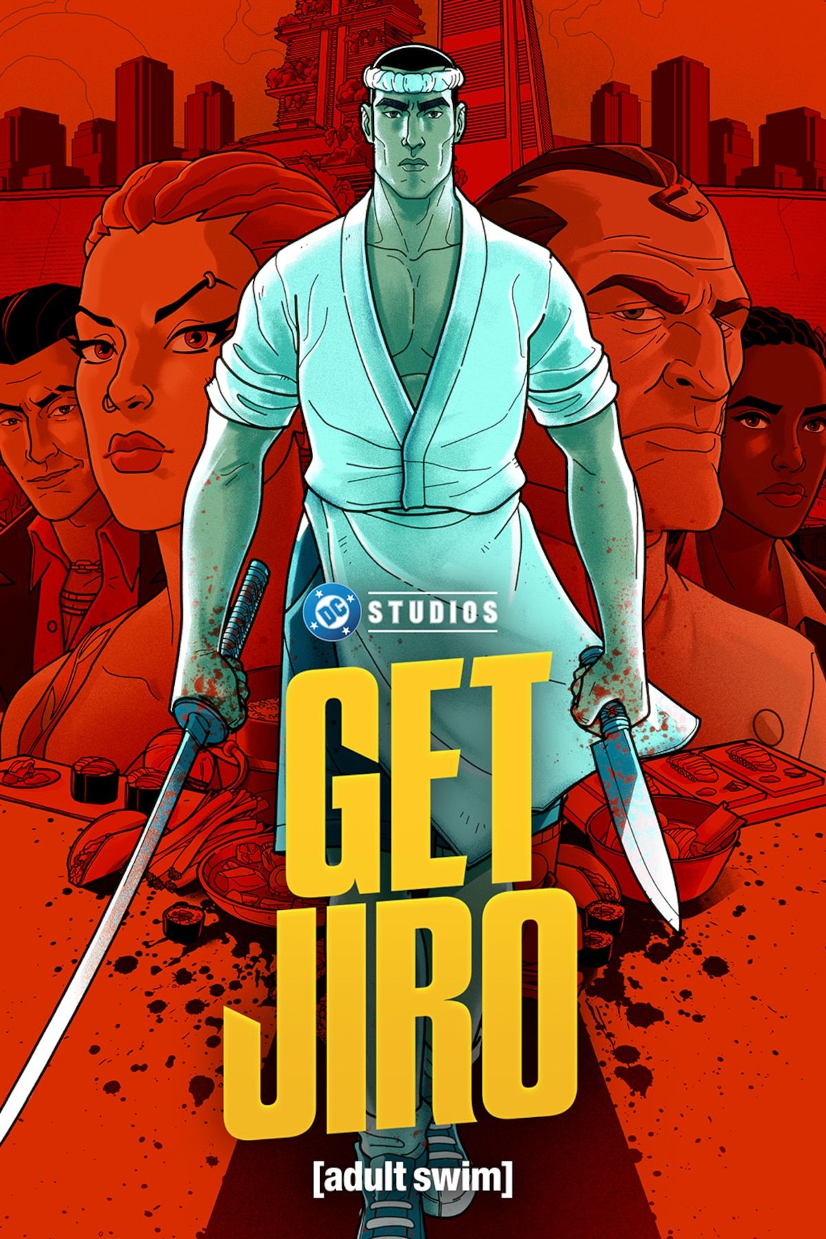Official Get Jiro poster showing Jiro holding blades, the cast behind him and the series title.