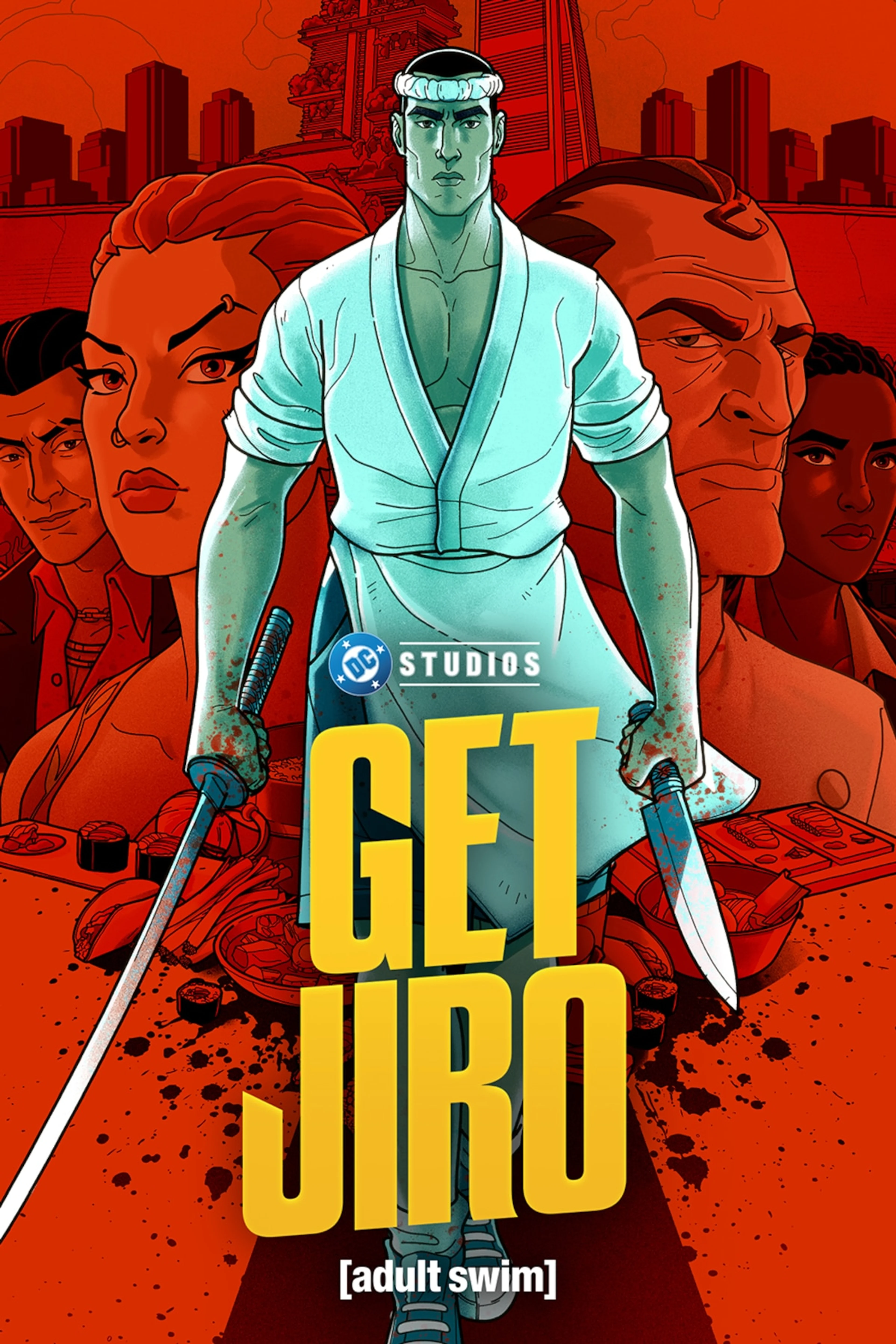 Official Get Jiro poster showing Jiro holding blades, the cast behind him and the series title.