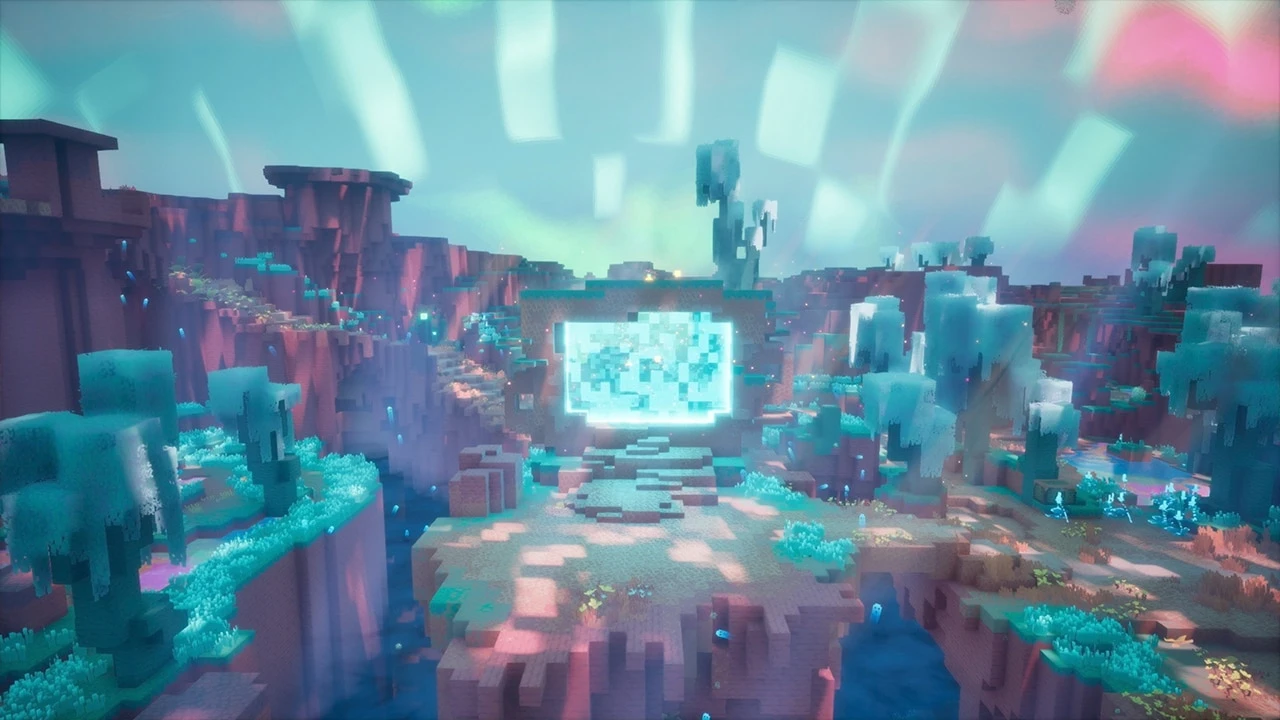 A glowing portal stands in the colorful landscape of The Sift.