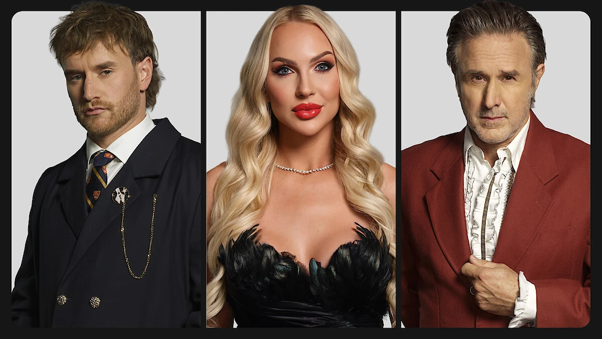 West Wilson, Christine Quinn and David Arquette pose in Netflix publicity portraits for Celebrity Million Dollar Secret.