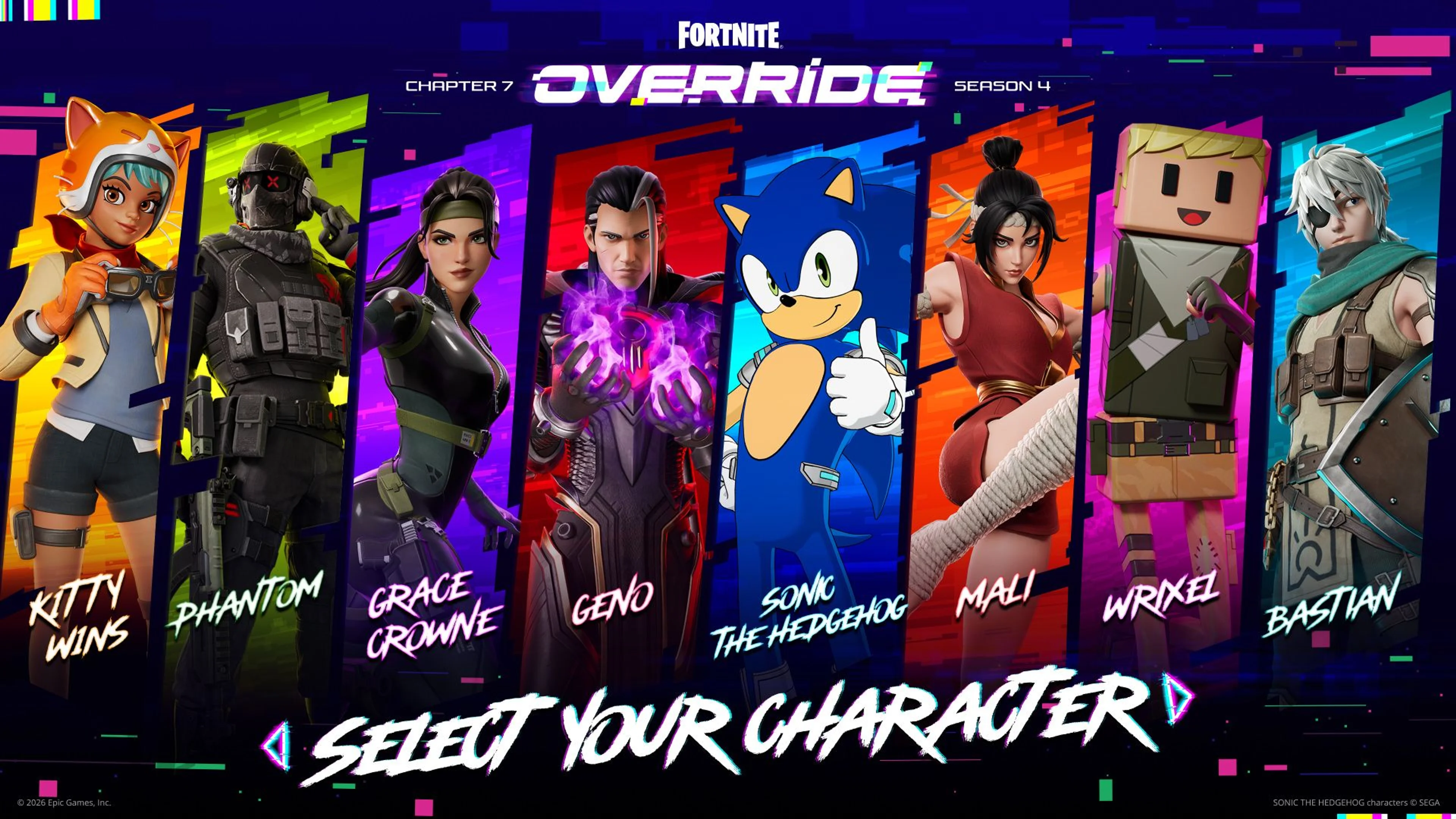 Official Override Battle Pass lineup showing K1tty W1ns, Phantom, Grace Crowne, Geno, Sonic, Mali, Wrixel and Bastian.