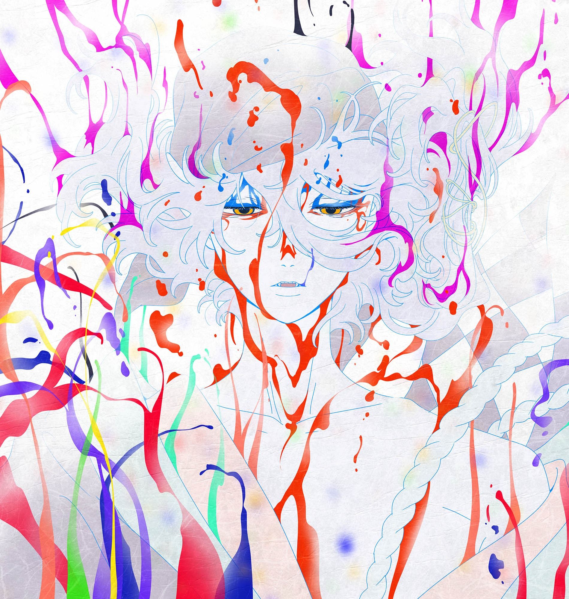 A close-up of an anime character with white hair and bright eyes in the official Mononoke Chapter III visual.