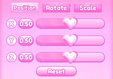 Dress To Impress Accessory Adjustment panel with Position, Rotate, Scale, X, Y, Z, and Reset controls.
