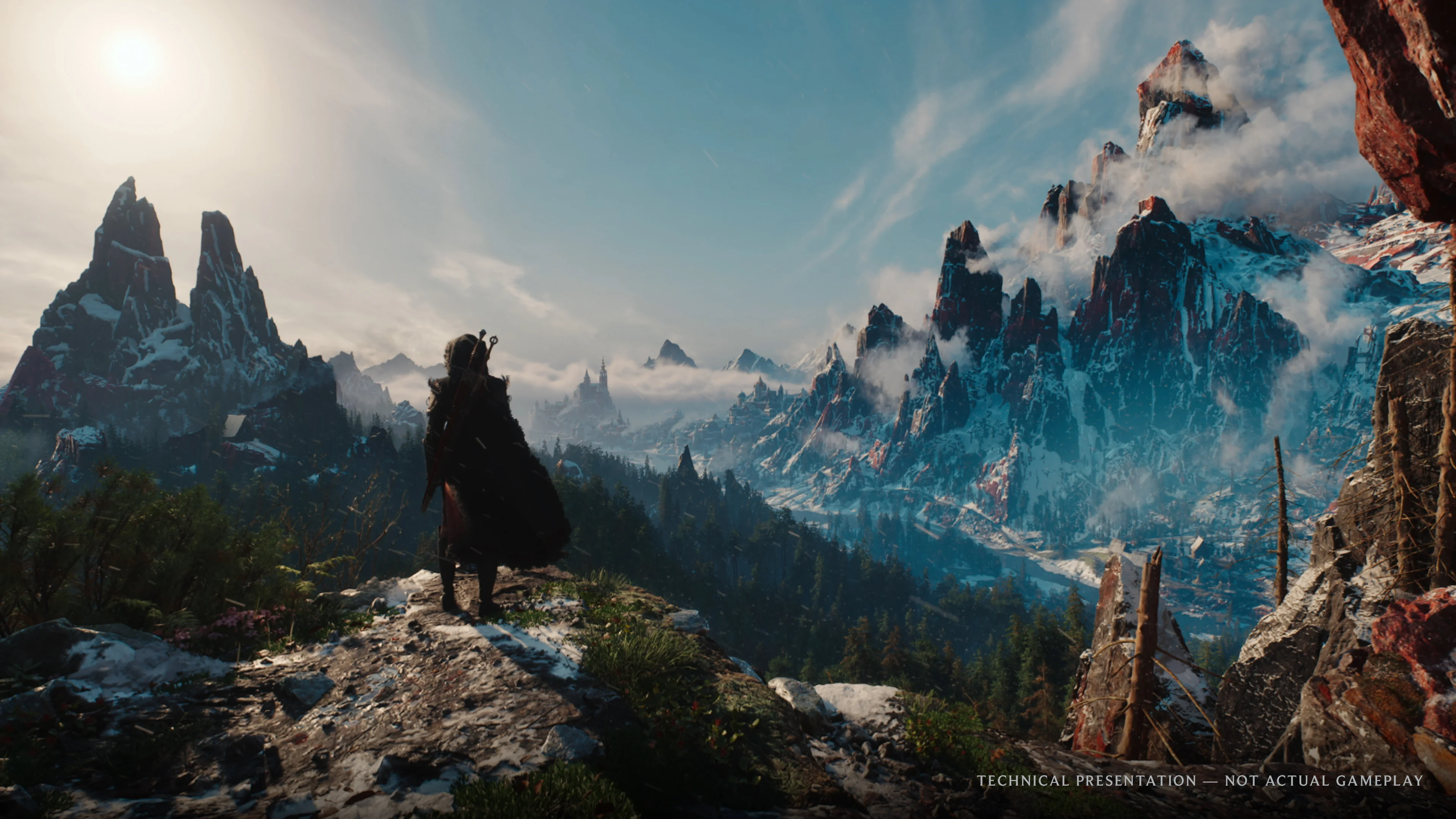 Ciri stands above the snowy mountains of Kovir in an official Unreal Engine 5 technical presentation for The Witcher IV.