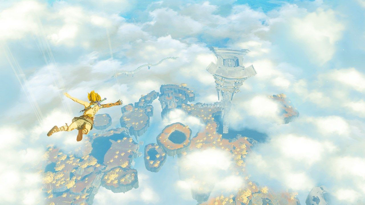 Link dives toward floating islands above Hyrule.
