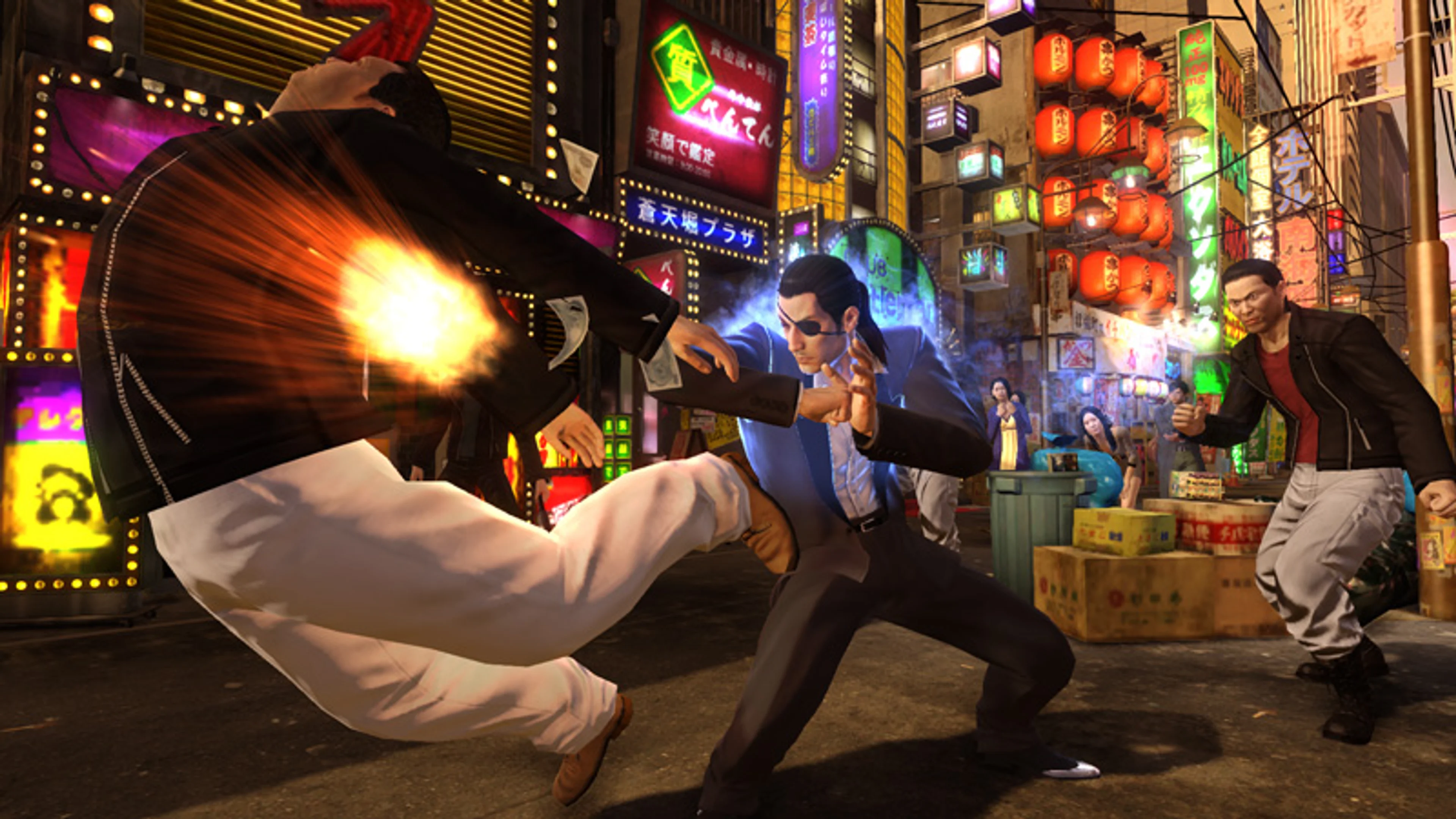 Official SEGA Yakuza 0 gameplay screenshot of Majima in a dark suit attacking a nearby opponent in Thug style.