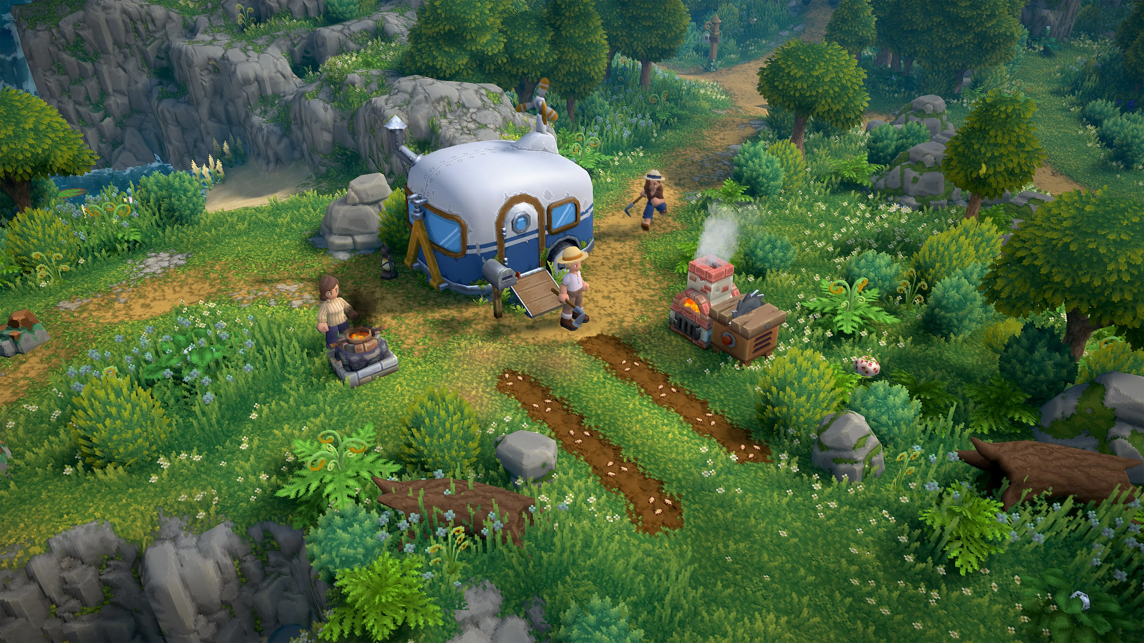 Luma Island farm with an old caravan and players working nearby.