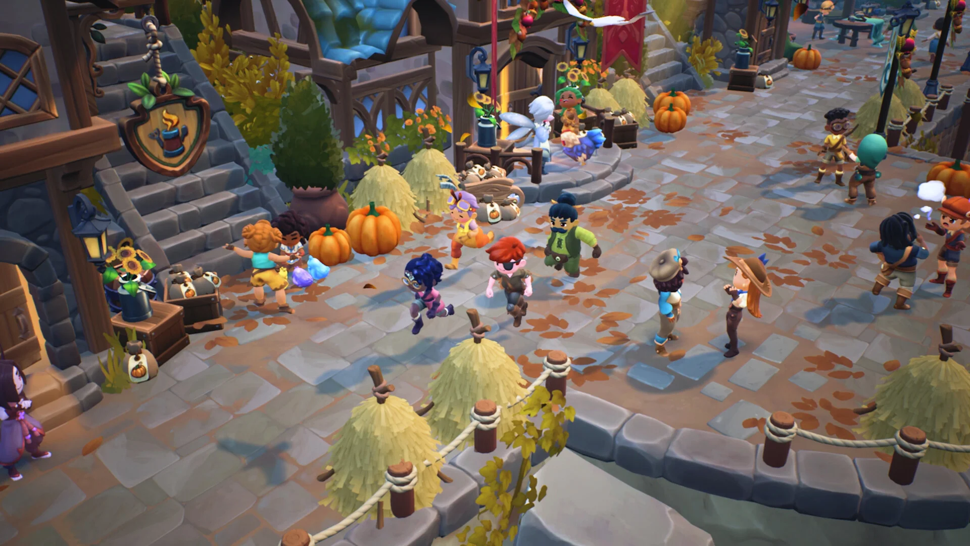 Fae Farm villagers gather in a town plaza near trees and buildings.