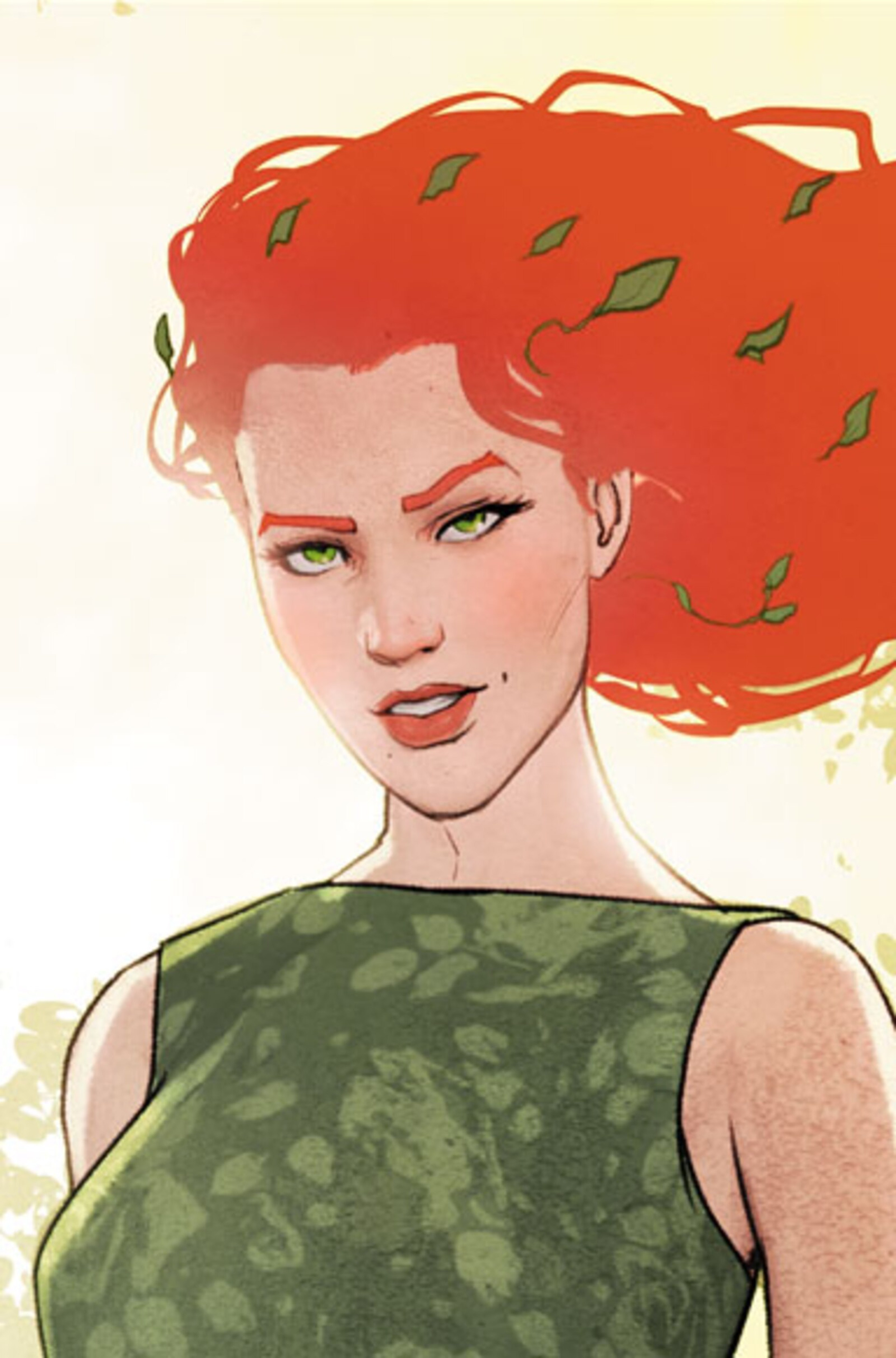 Official DC character art of Poison Ivy with red hair, green eyes, and a green outfit.