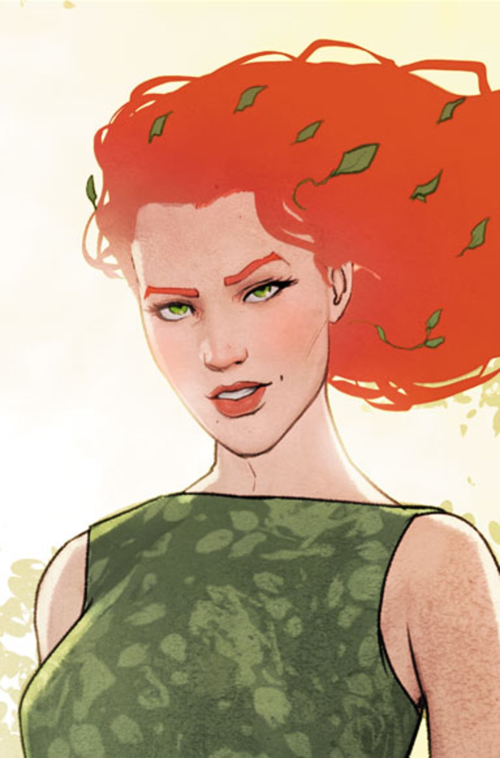 Official DC character art of Poison Ivy with red hair, green eyes, and a green outfit.