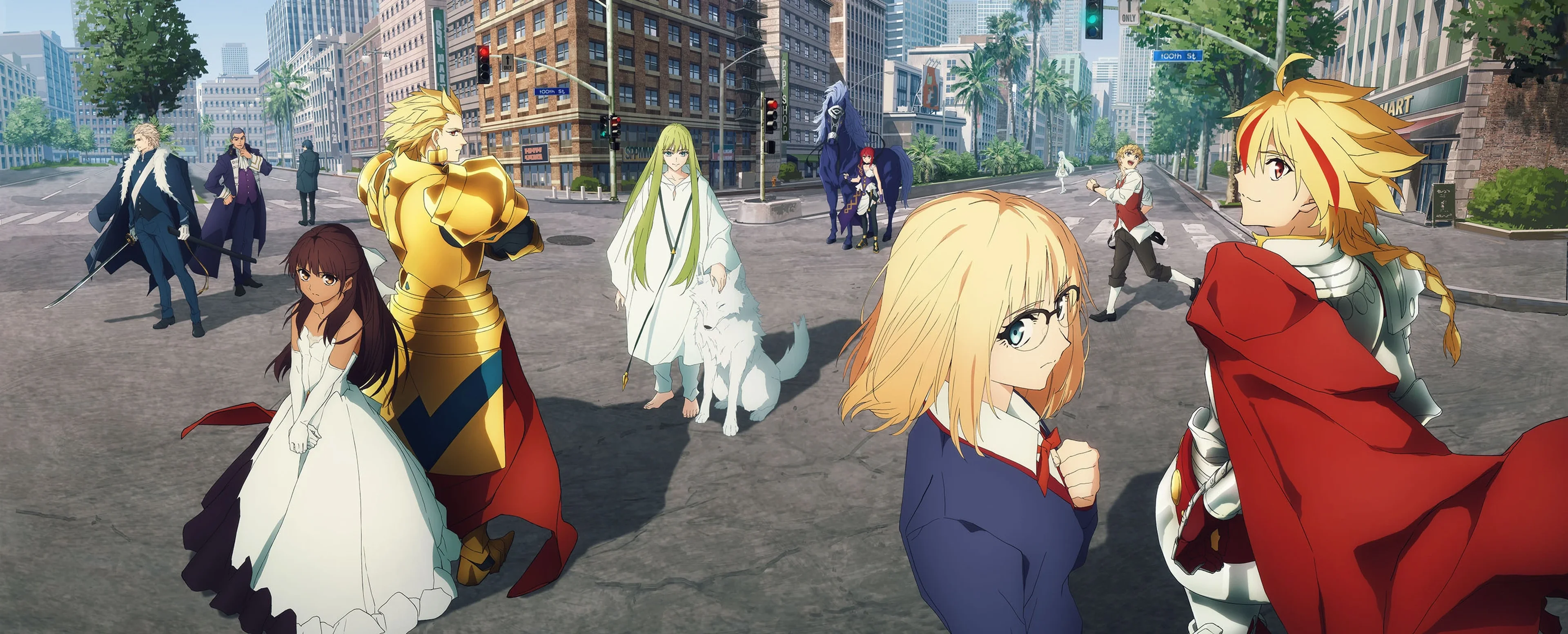 Official Fate/strange Fake key visual showing the main cast spread across a city street.