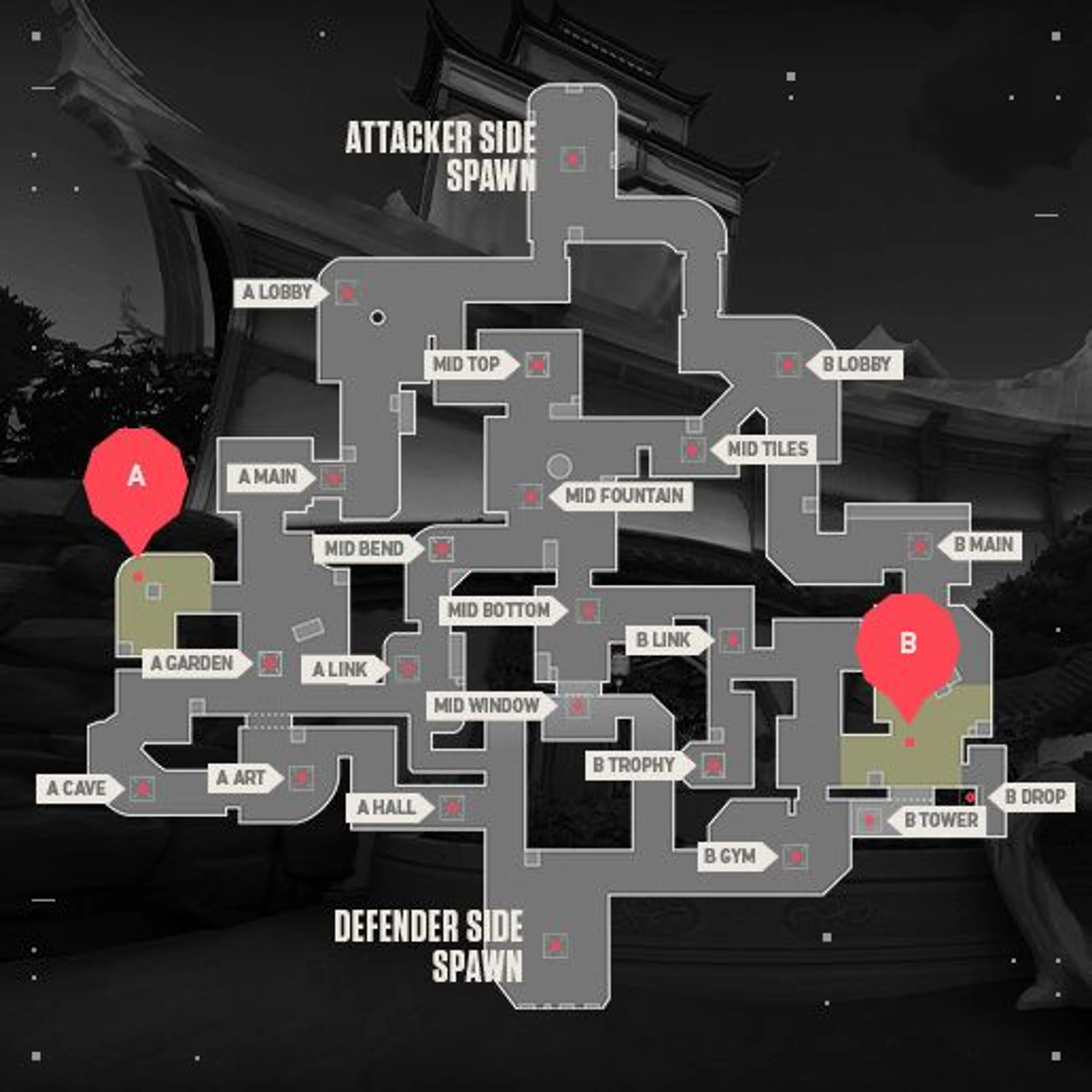 Official overhead layout of Valorant's Summit map with location labels