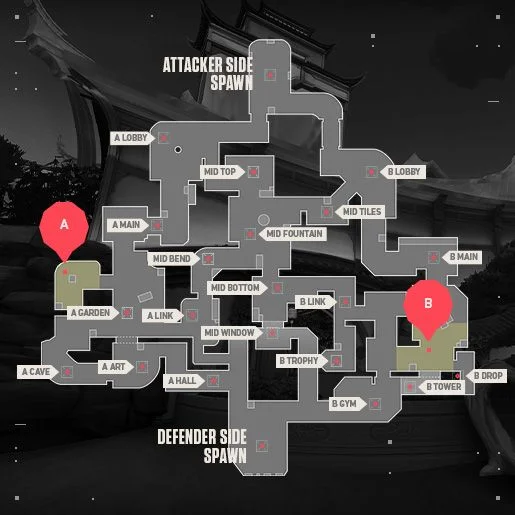 Official overhead layout of Valorant's Summit map with location labels
