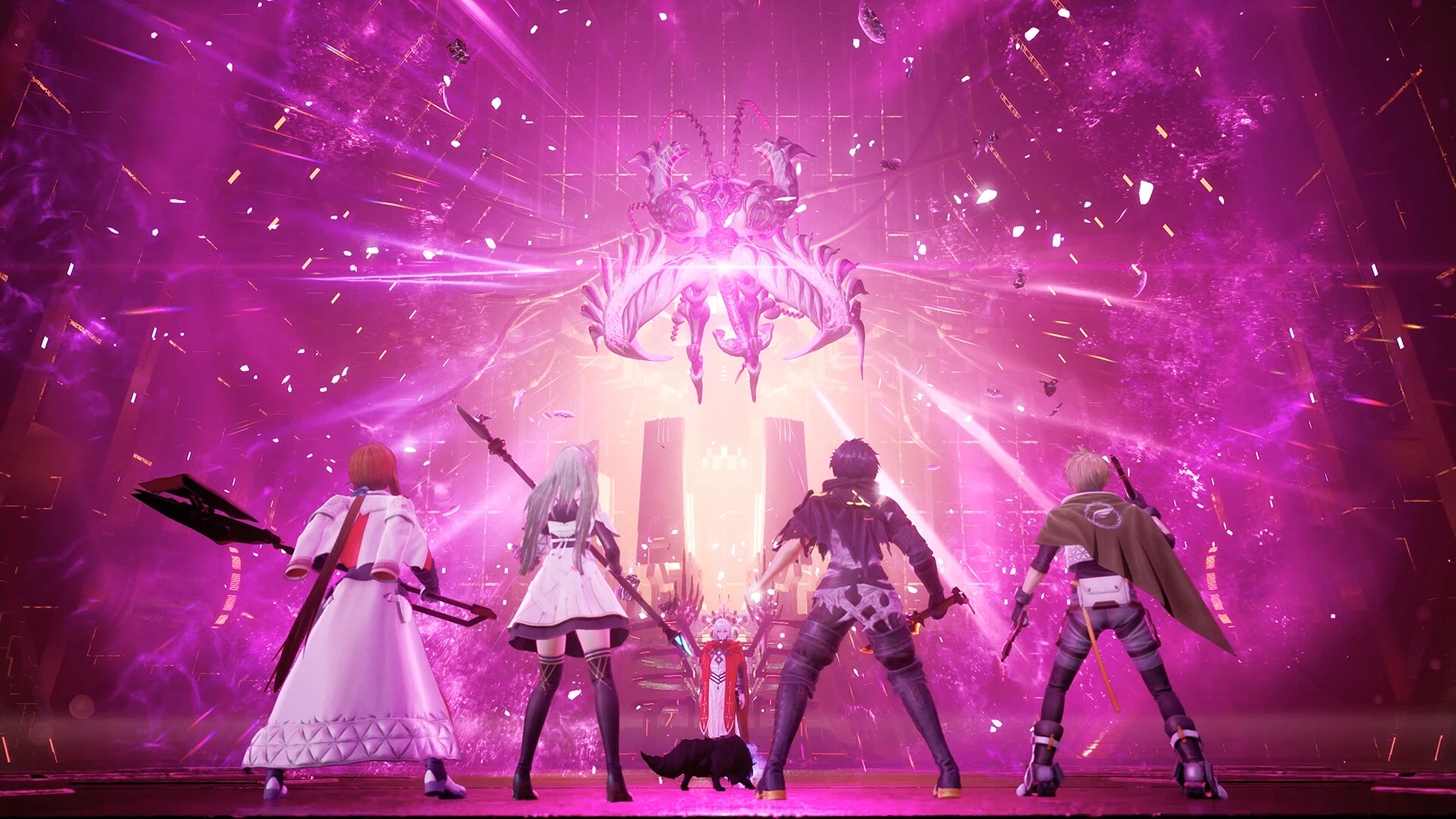 Four Rev. NOiR heroes face a radiant pink Lightfall phenomenon and a suspended proviton.