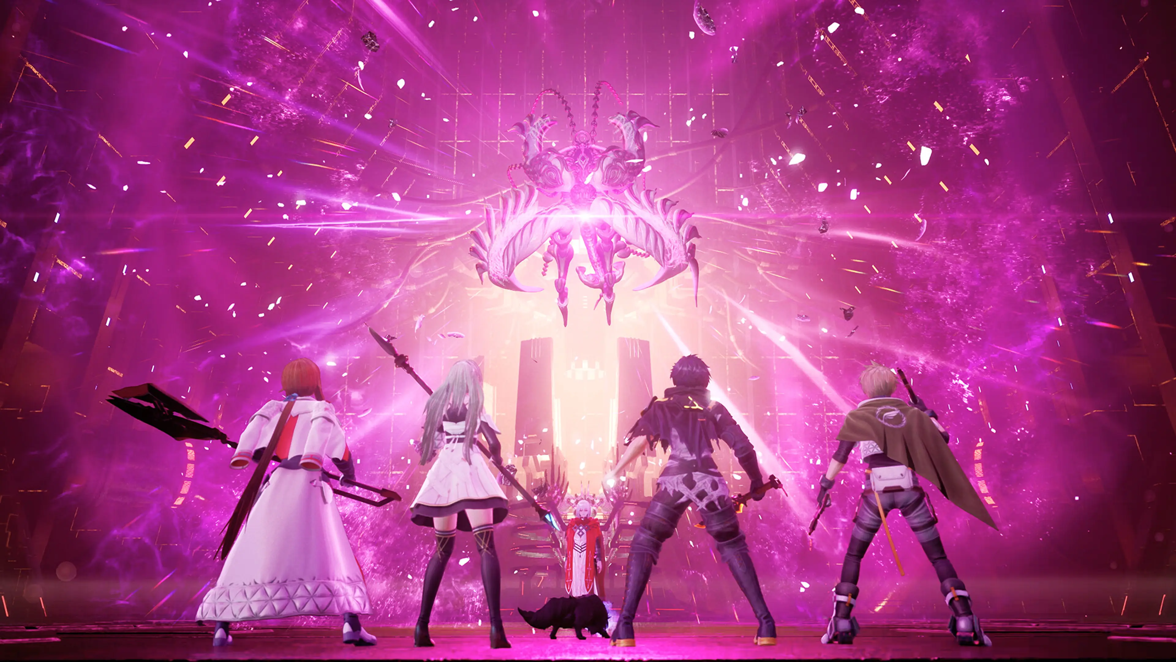 Four Rev. NOiR heroes face a radiant pink Lightfall phenomenon and a suspended proviton.