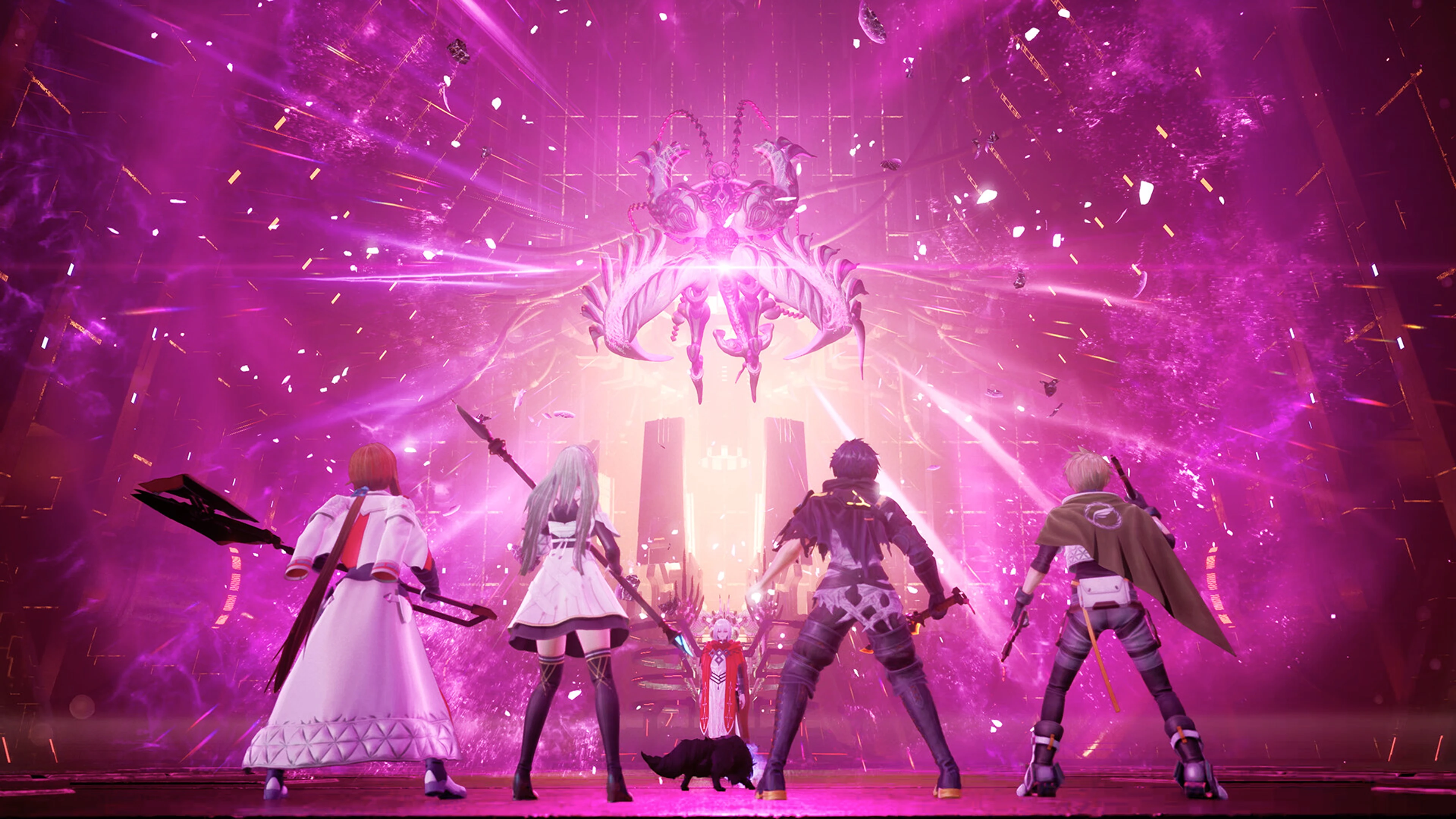 Four Rev. NOiR heroes face a radiant pink Lightfall phenomenon and a suspended proviton.