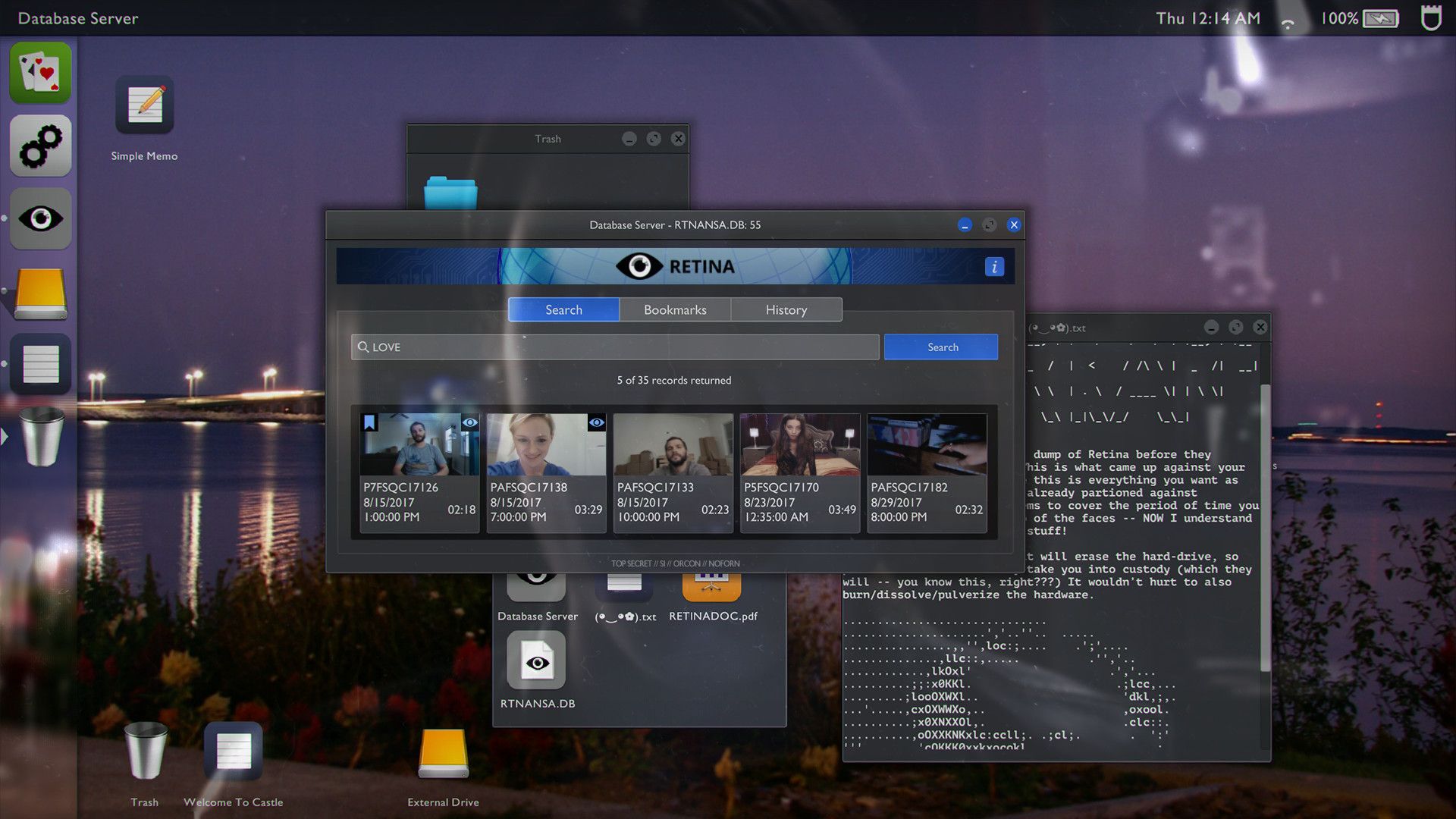 The fictional desktop shows a database search window with video results beside a notes window, showing how the investigation takes place through a computer.