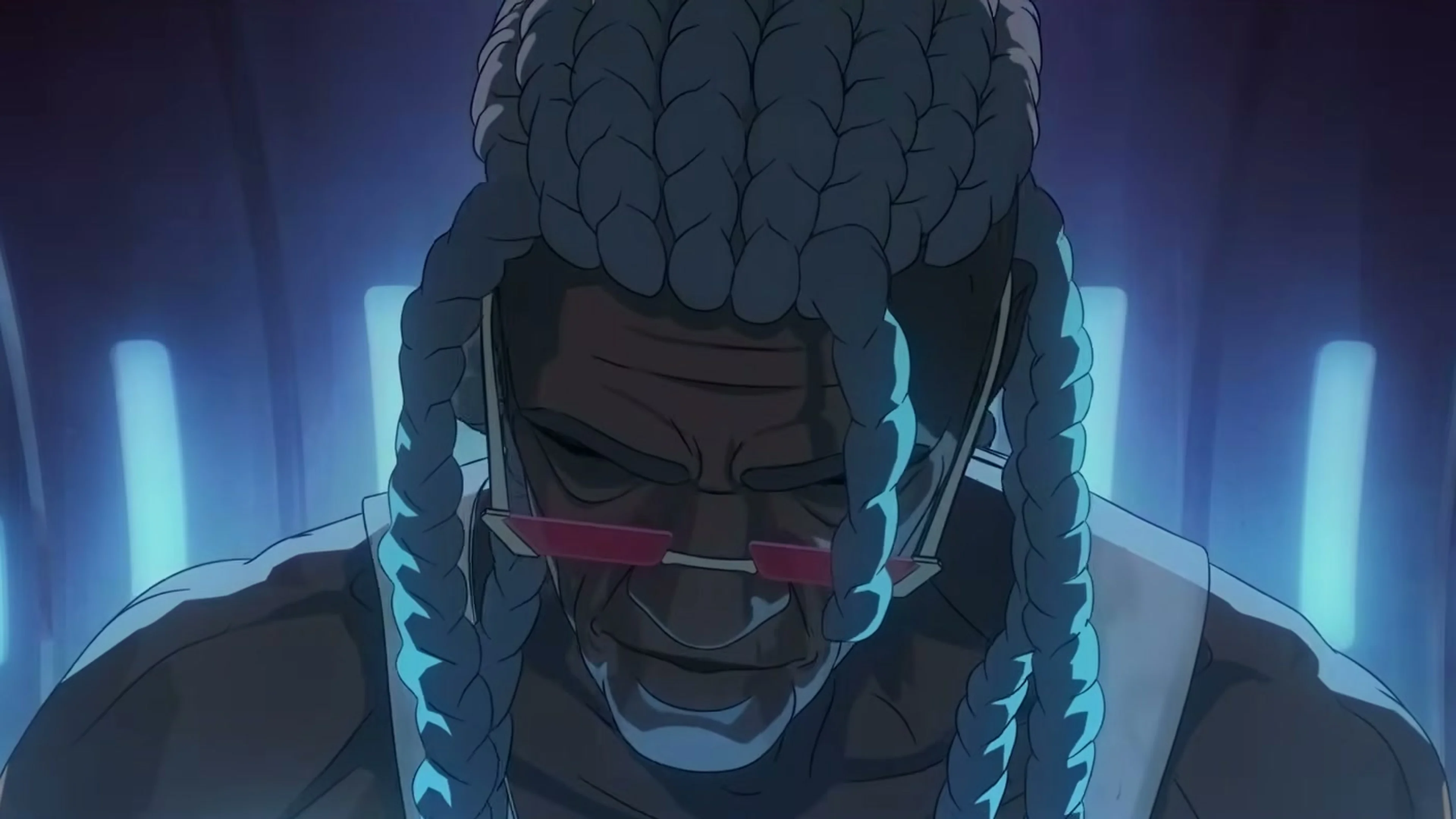 Doctrine lowers his head inside a blue-lit chamber at Watchpoint Grímsvötn.