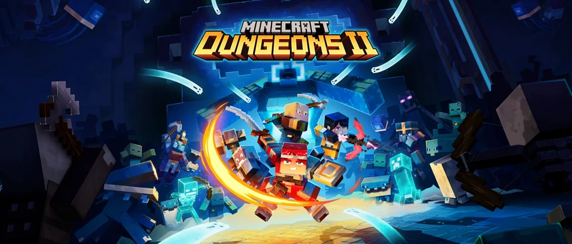 Four Minecraft Dungeons II heroes fight hostile mobs inside a glowing blue dungeon.