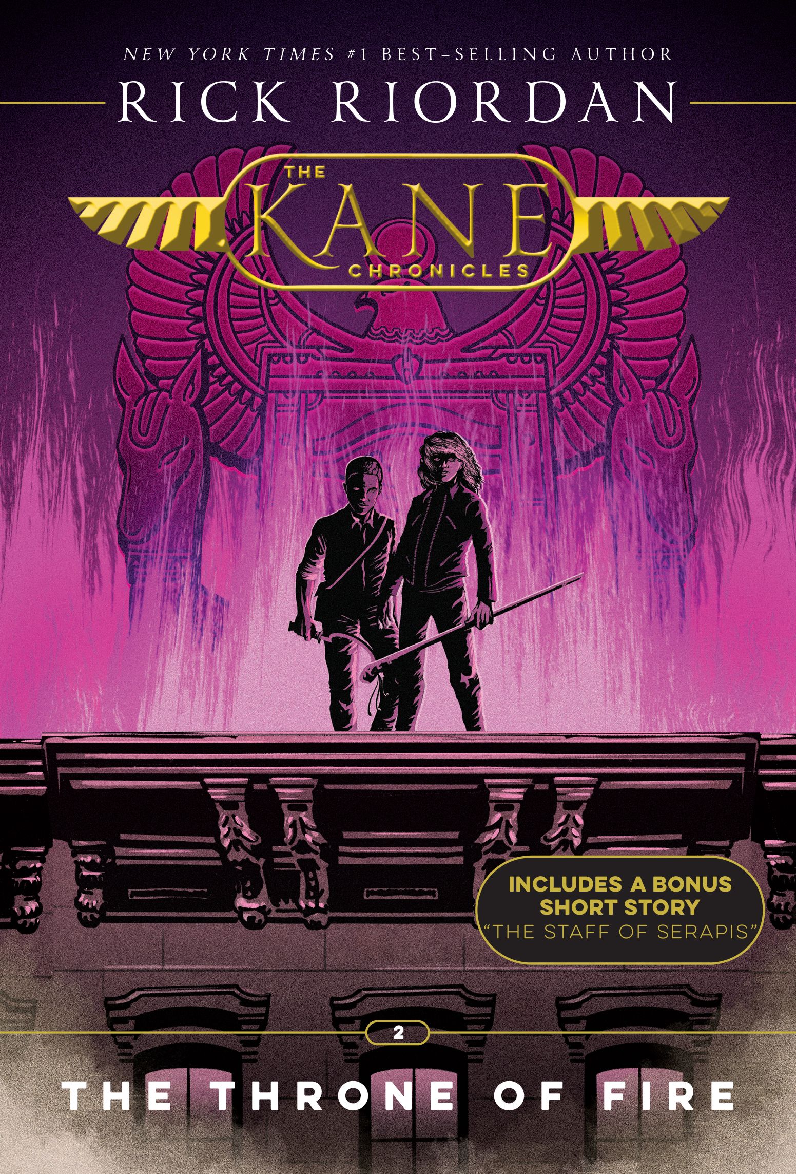 Carter and Sadie Kane stand before a glowing Egyptian gate in purple cover art for The Throne of Fire.