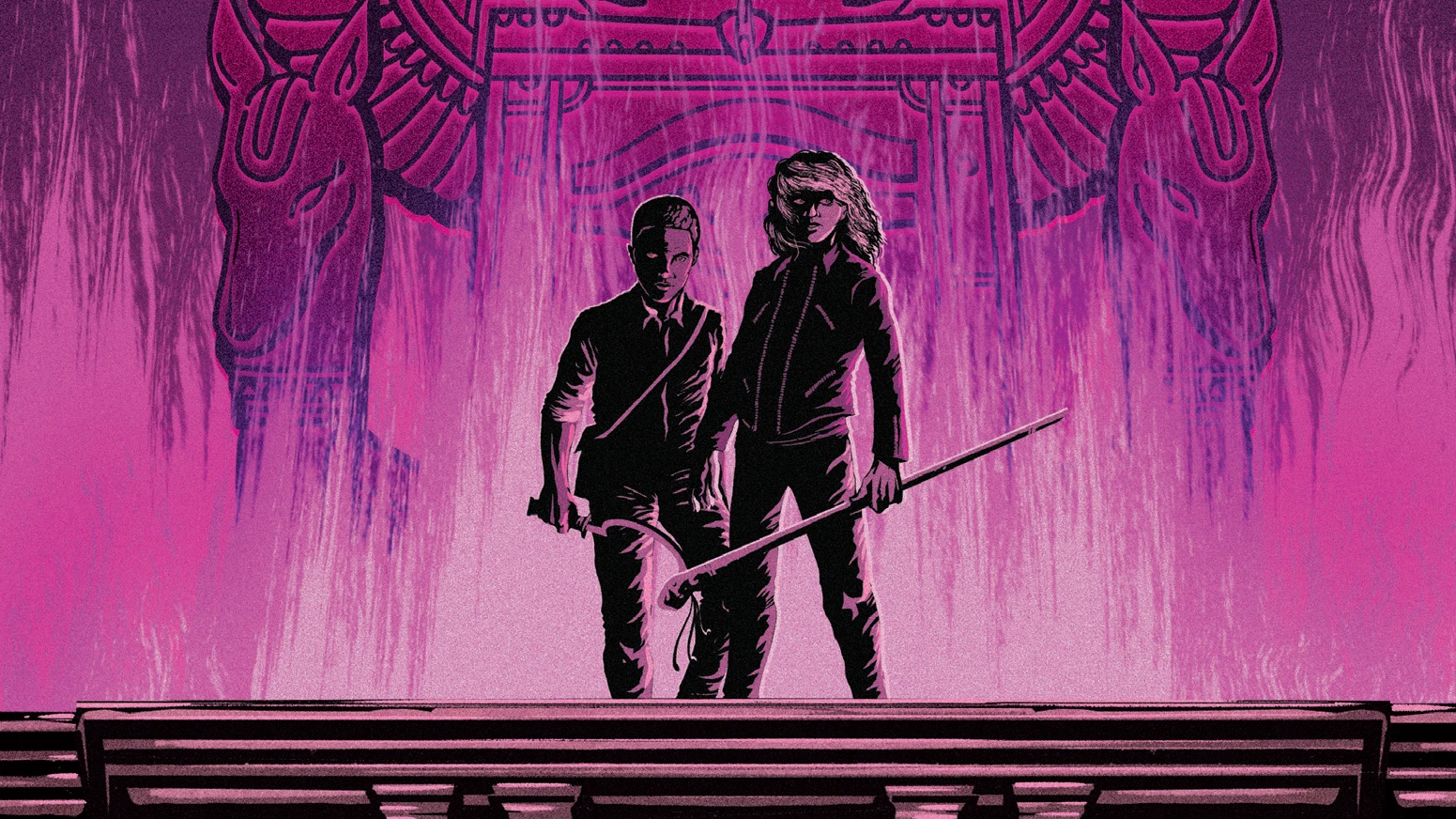 Carter and Sadie Kane stand before a glowing Egyptian gate in purple cover art for The Throne of Fire.