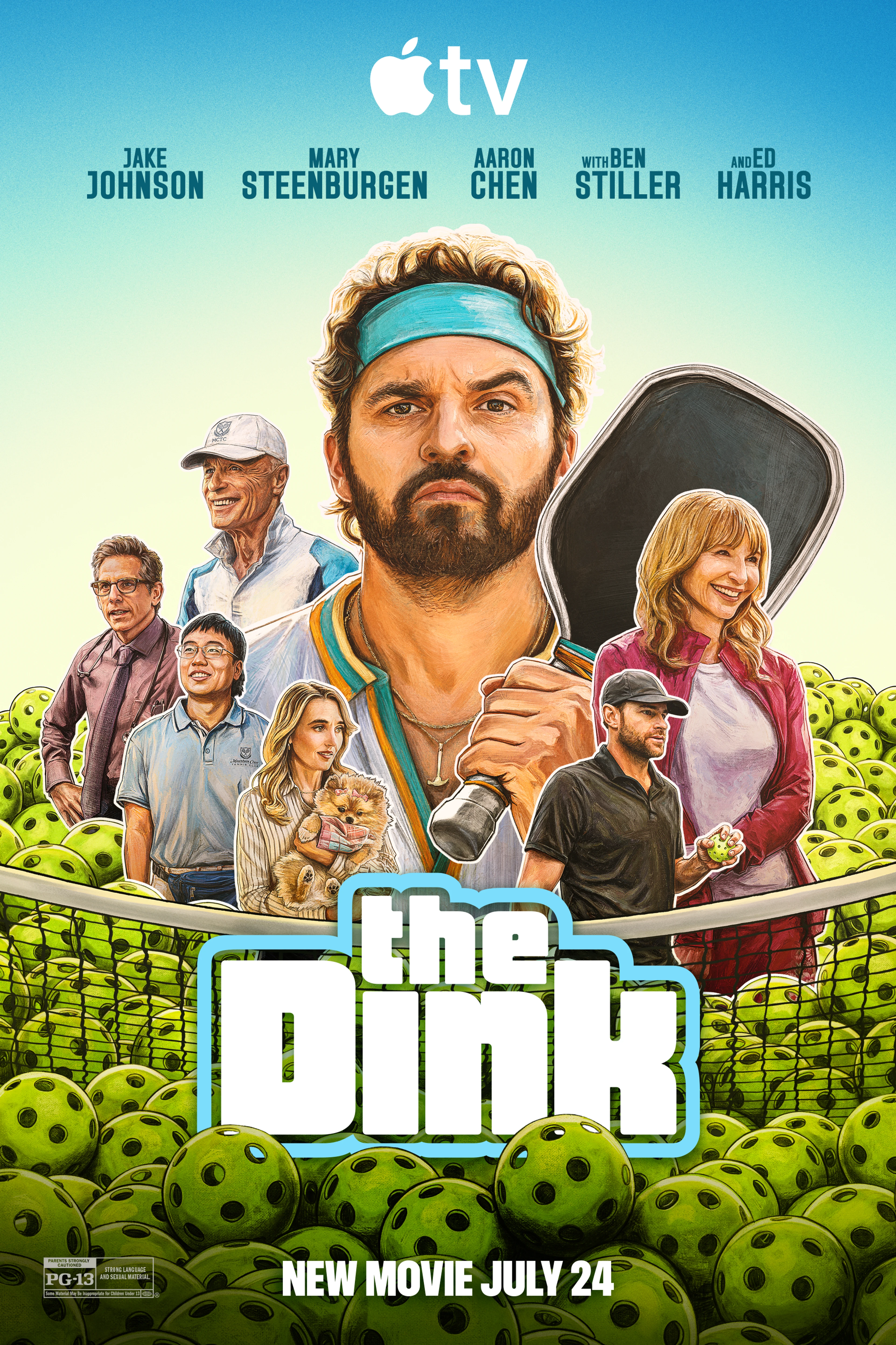 Official The Dink poster featuring Jake Johnson with a paddle and the supporting cast.