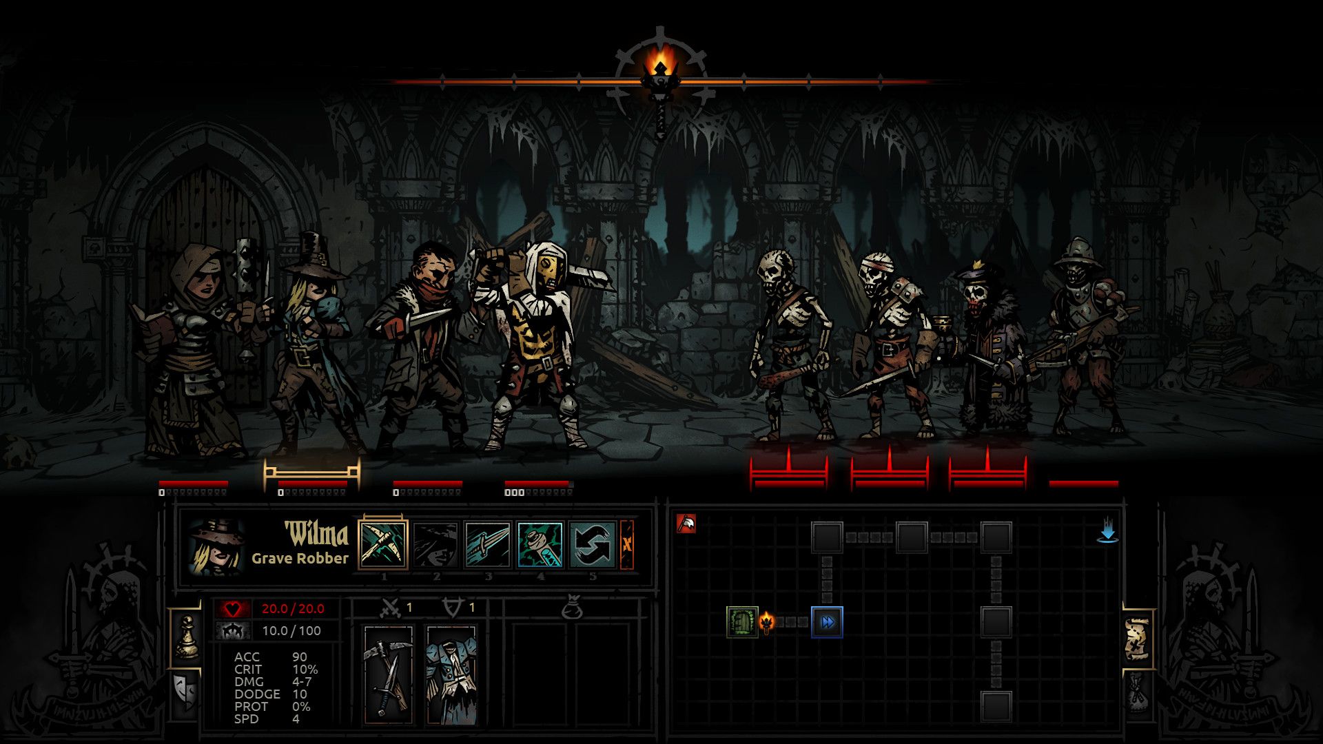 Four heroes face a group of enemies in a dark hall, with skill icons and health shown below.