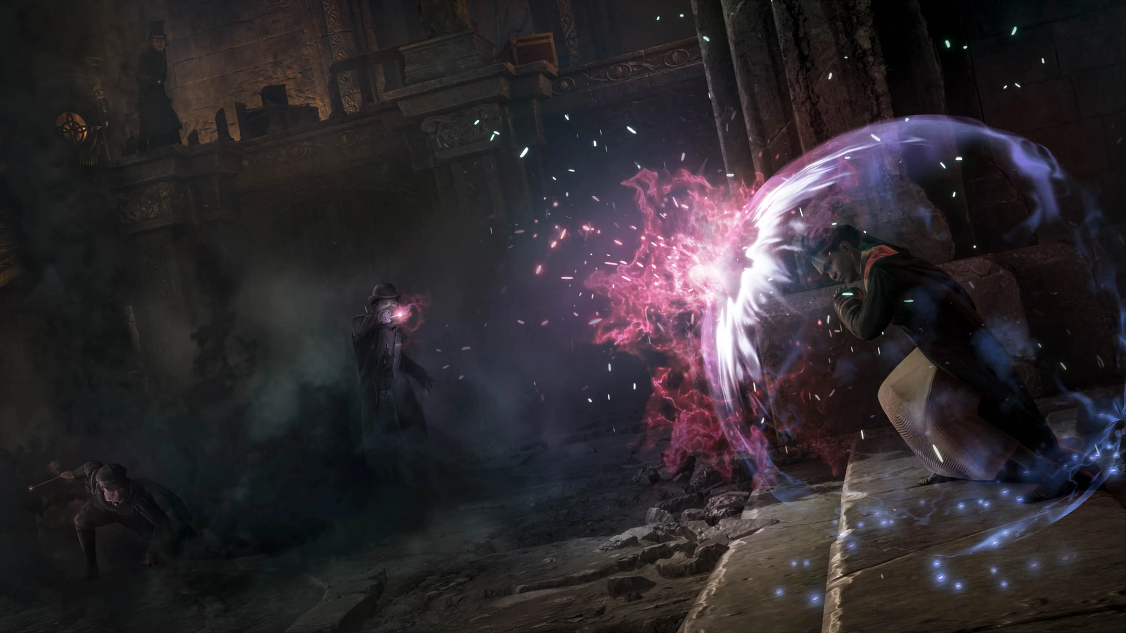 A Hogwarts student blocks a bright red spell during a duel in an official screenshot from the original Hogwarts Legacy.