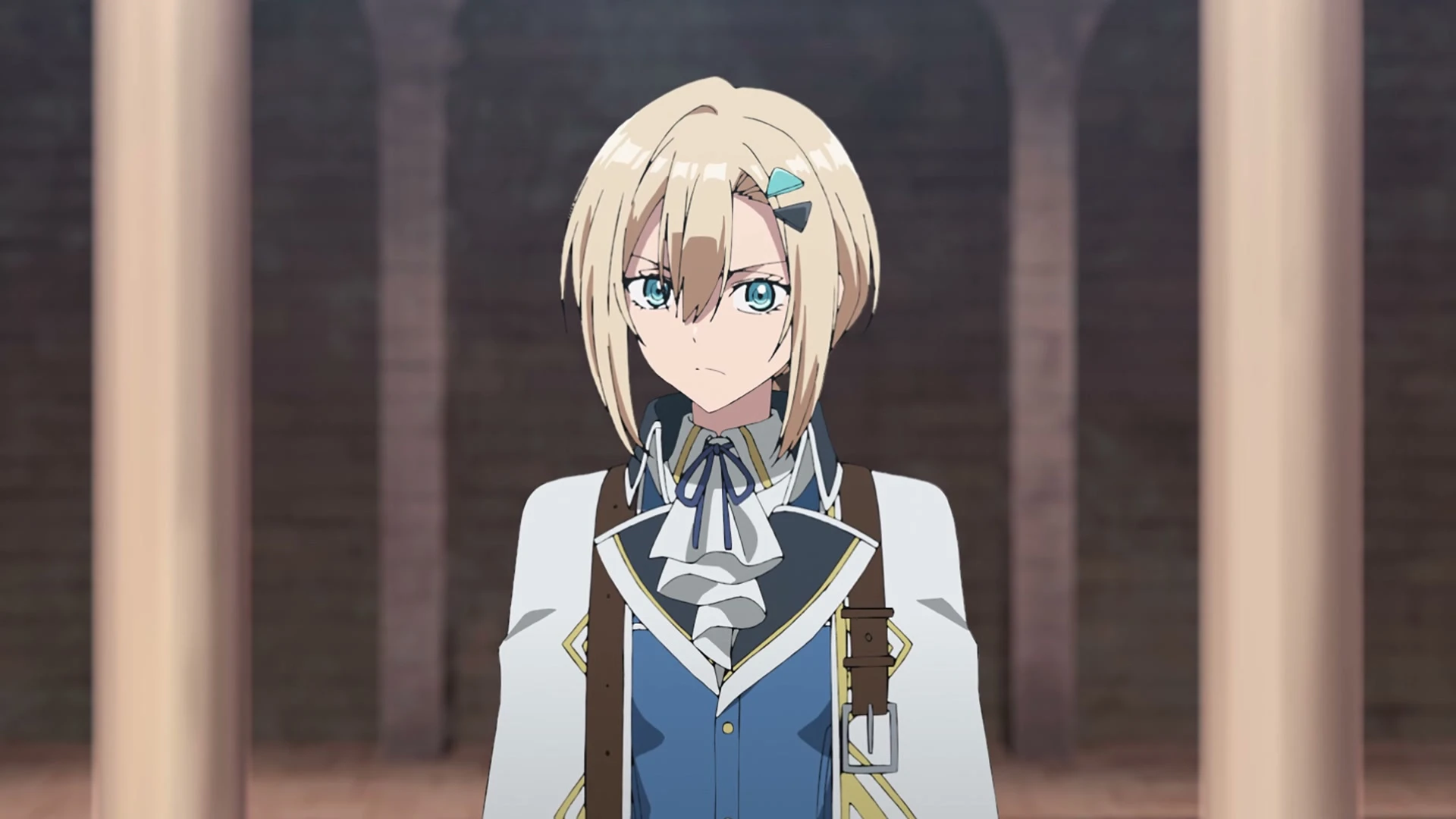 Romelia stands between stone columns inside a castle hall.
