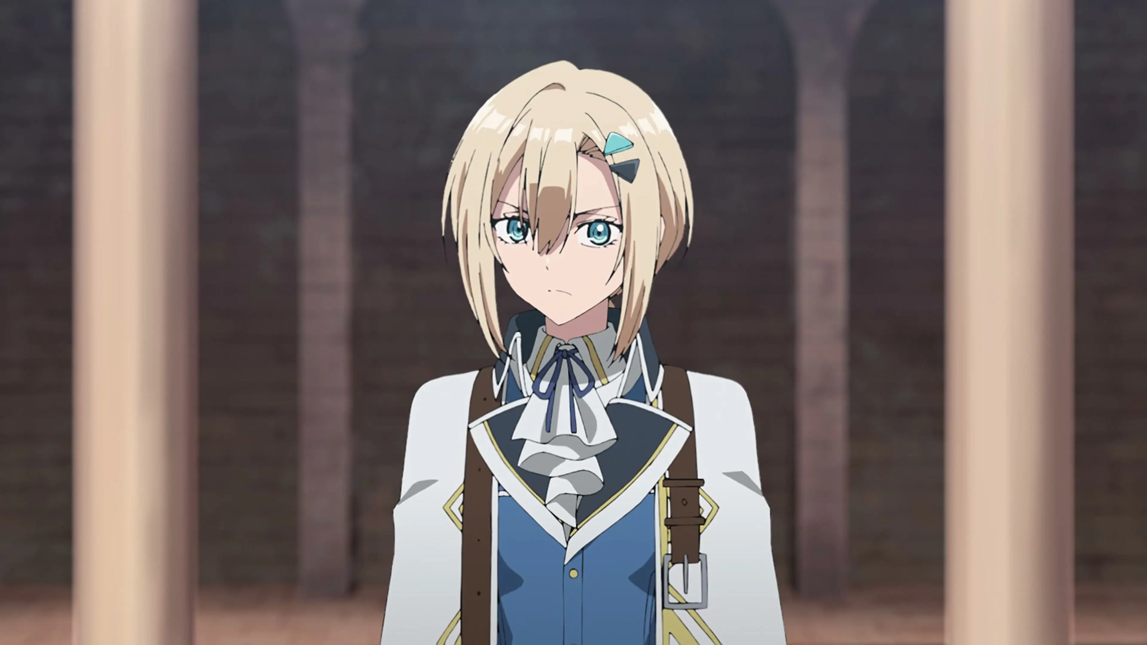 Romelia stands between stone columns inside a castle hall.