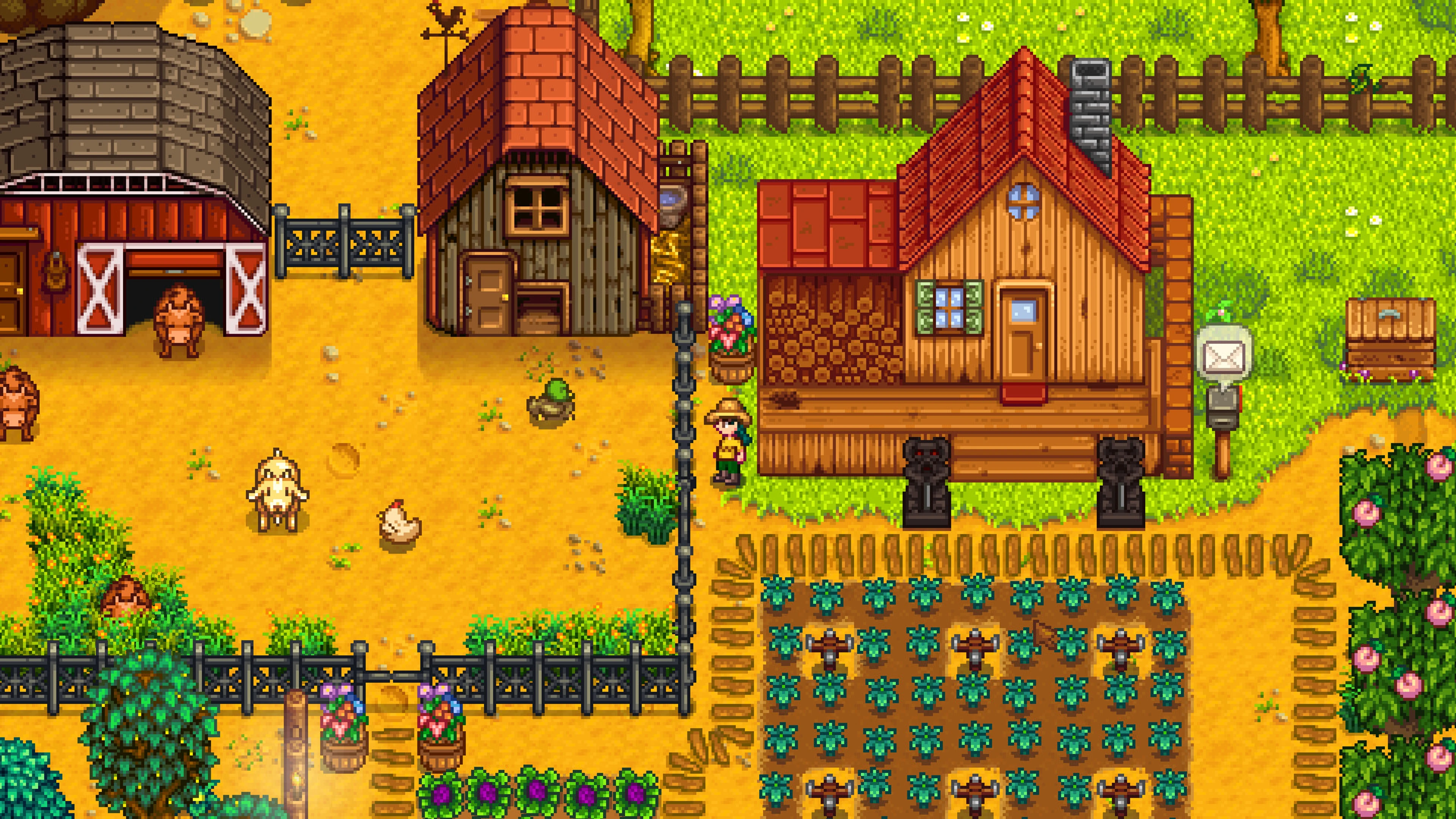 A farmhouse, crops and farm animals in Stardew Valley.