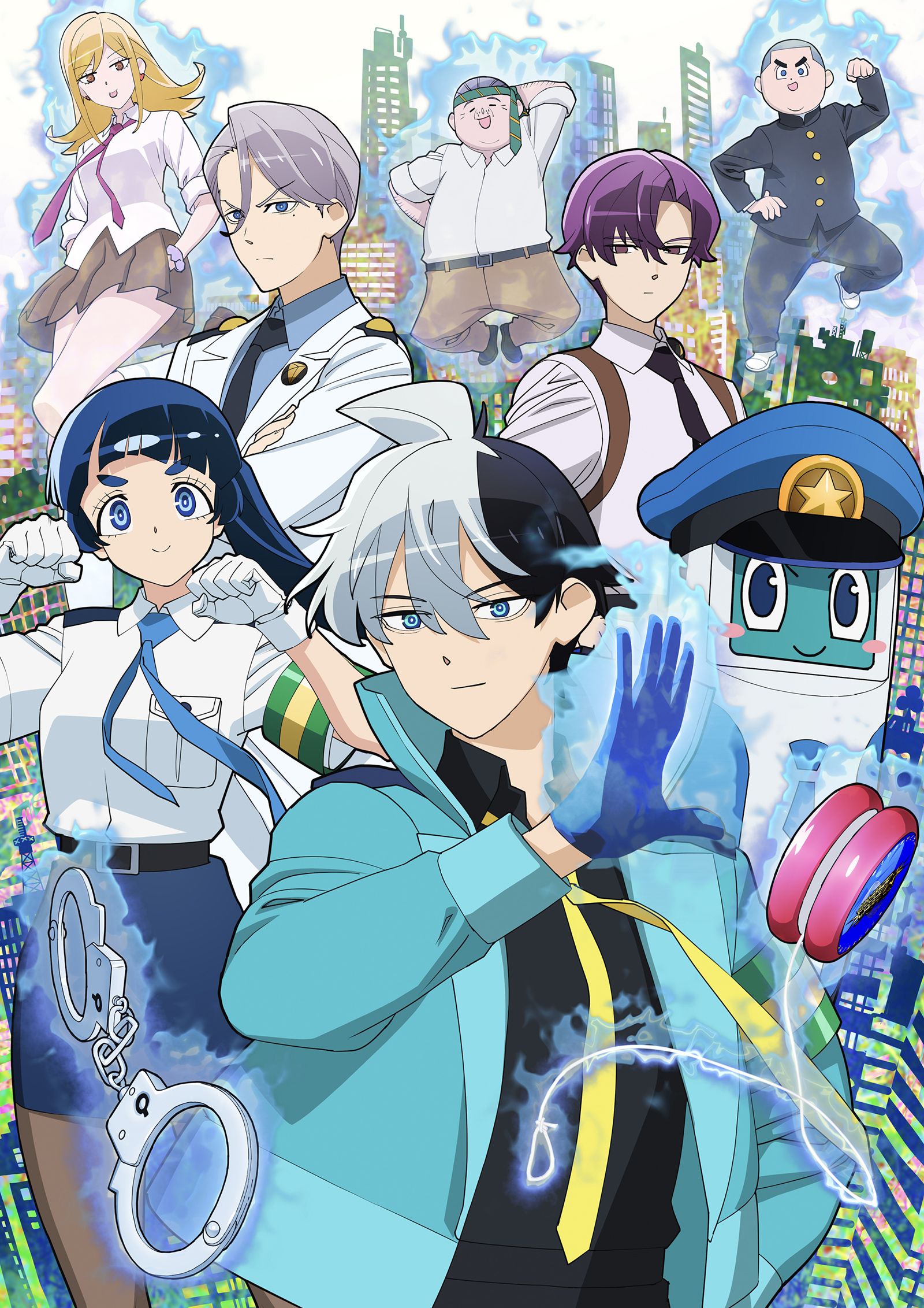 Meguru Chojo, Nao Ippongi and the cast of Super Psychic Policeman Chojo in official key art.