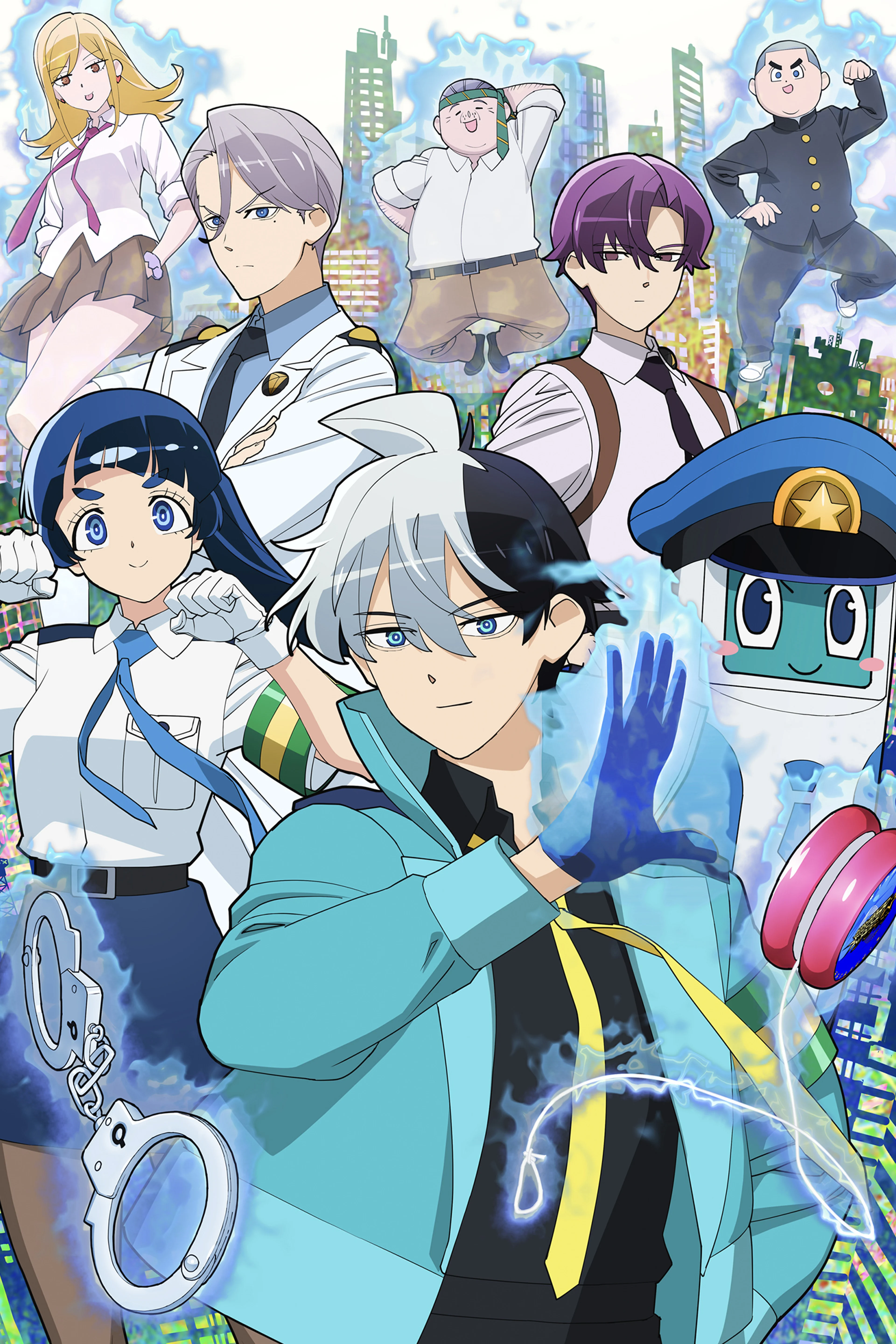 Meguru Chojo, Nao Ippongi and the cast of Super Psychic Policeman Chojo in official key art.