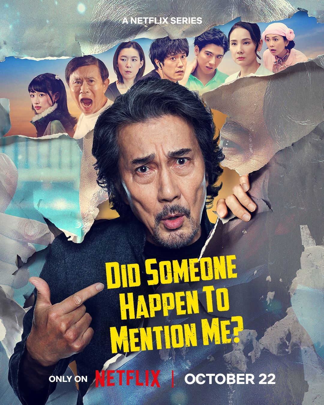 Official poster for Netflix comedy Did Someone Happen to Mention Me? with Koji Yakusho and the cast.
