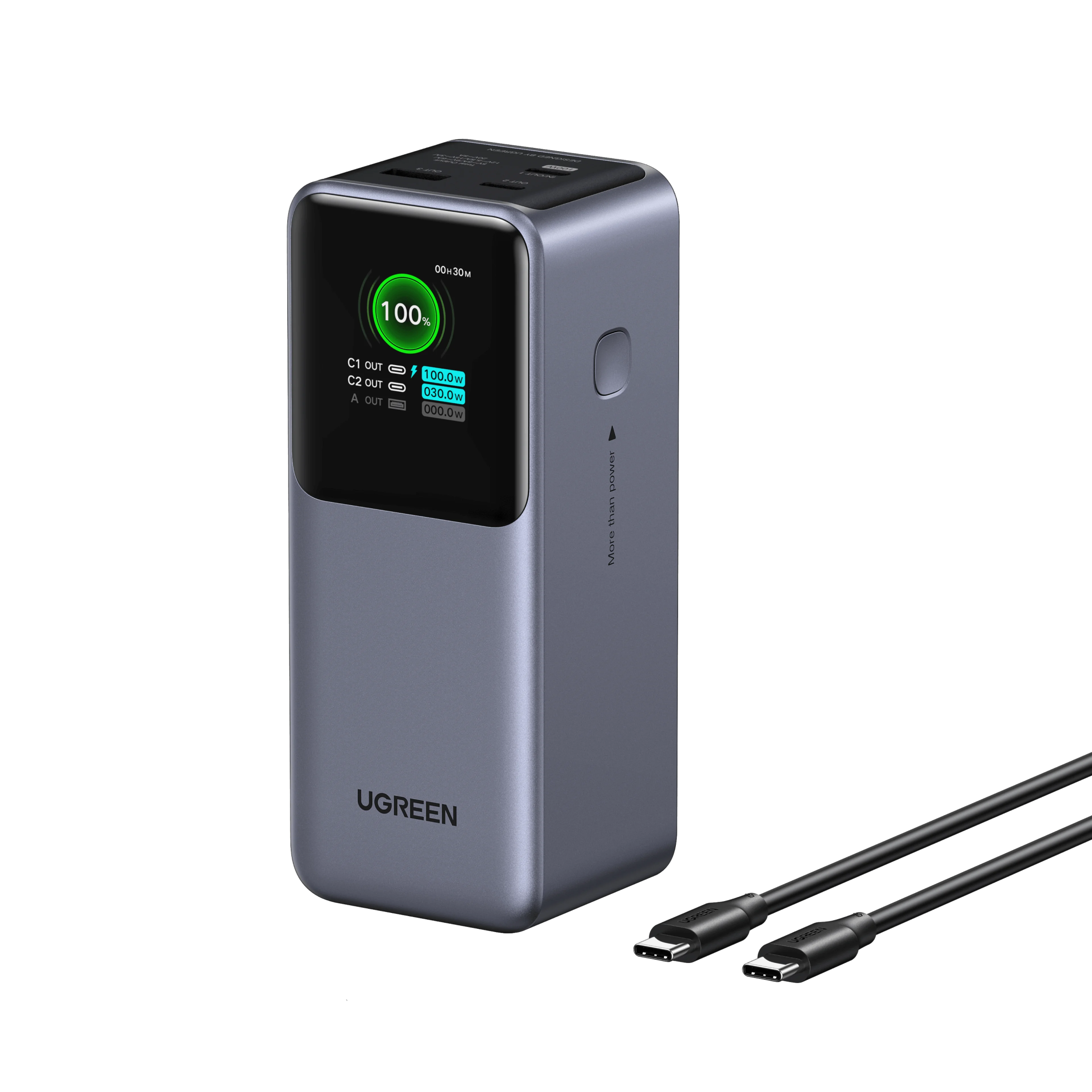 Gray Ugreen Nexode 130W power bank with a charging display and separate USB-C cable