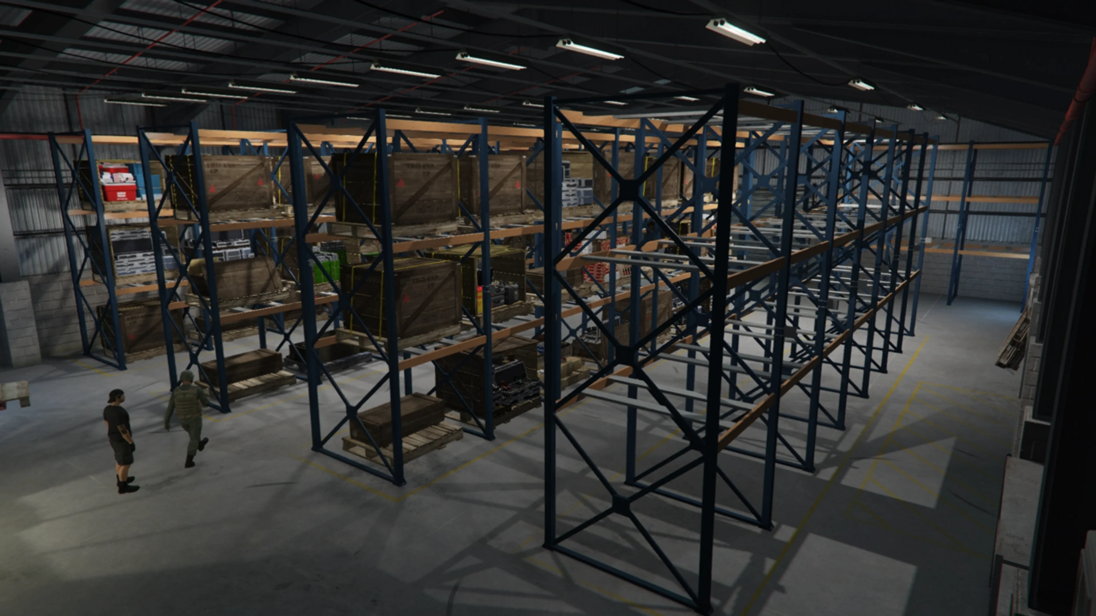 Cargo stored on rows of shelving inside a GTA Online warehouse.