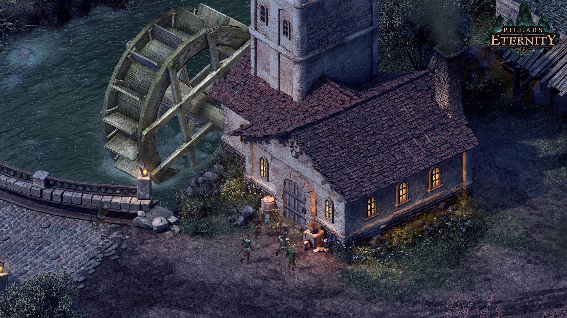 A small party stands outside a stone building in an isometric Pillars of Eternity scene.