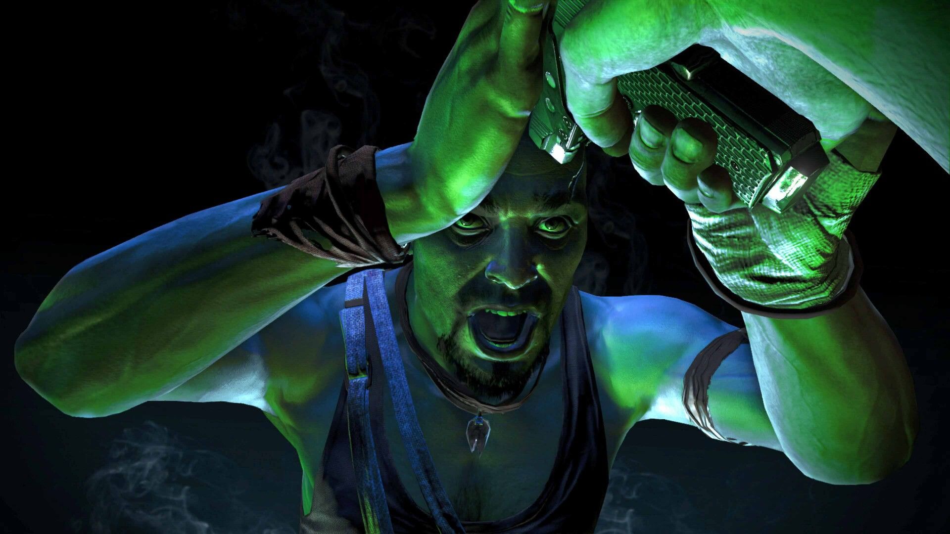 Vaas shouts at the camera under green light while holding a pistol overhead.