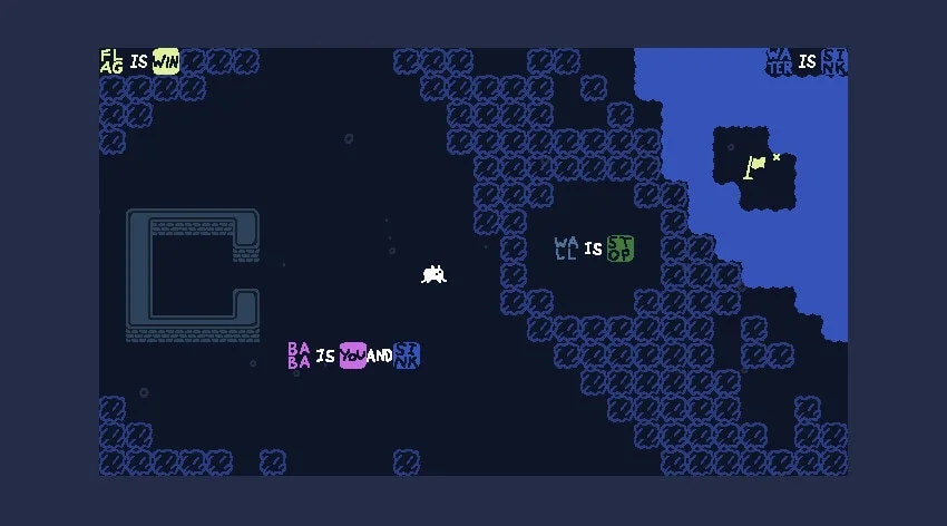 Baba stands among dark blue walls and movable word blocks in a Baba Is You puzzle.